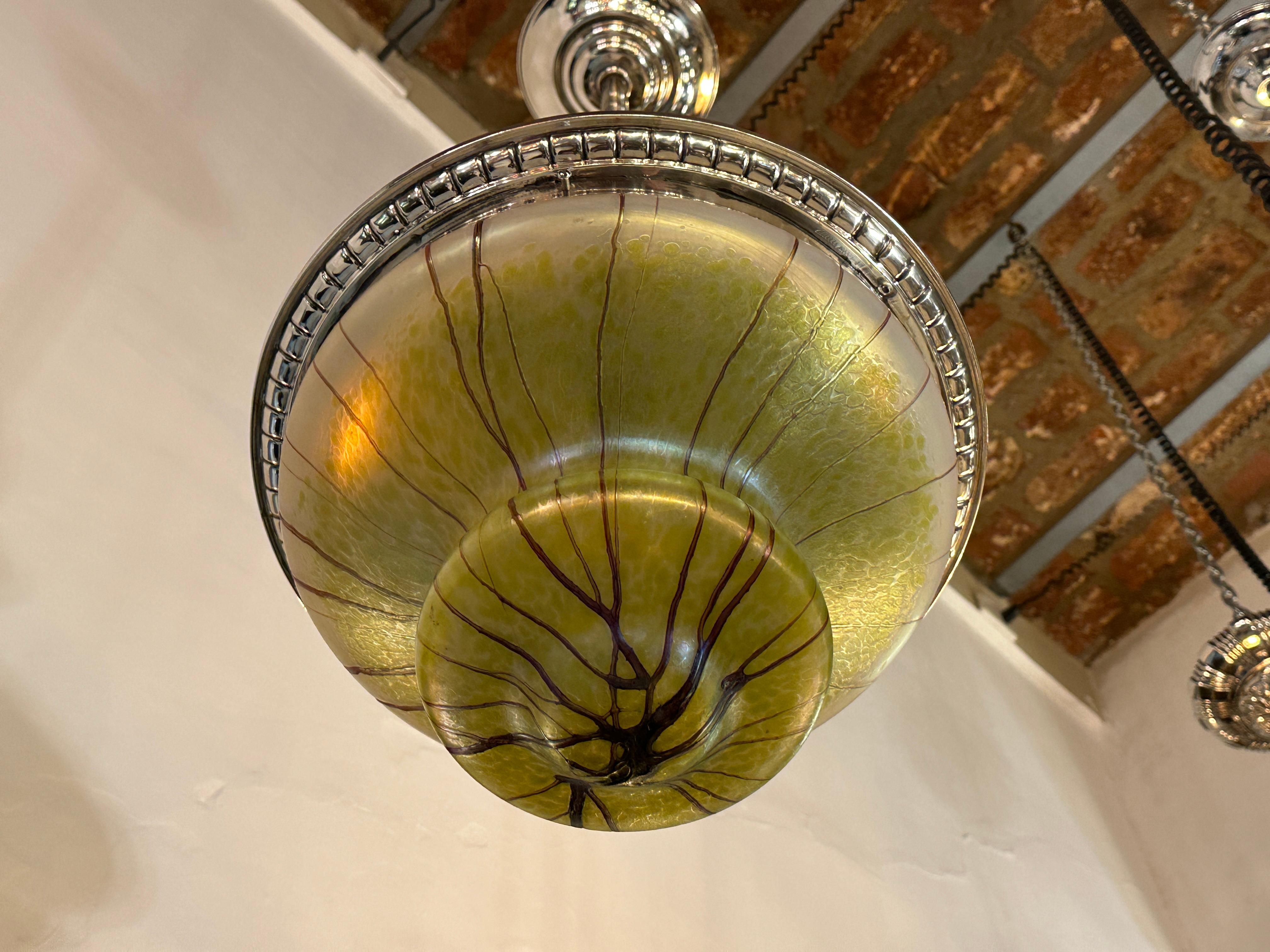 Art Nouveau, Liberty Hanging Lamp in silver-plated bronze and glass, 1900 For Sale 3