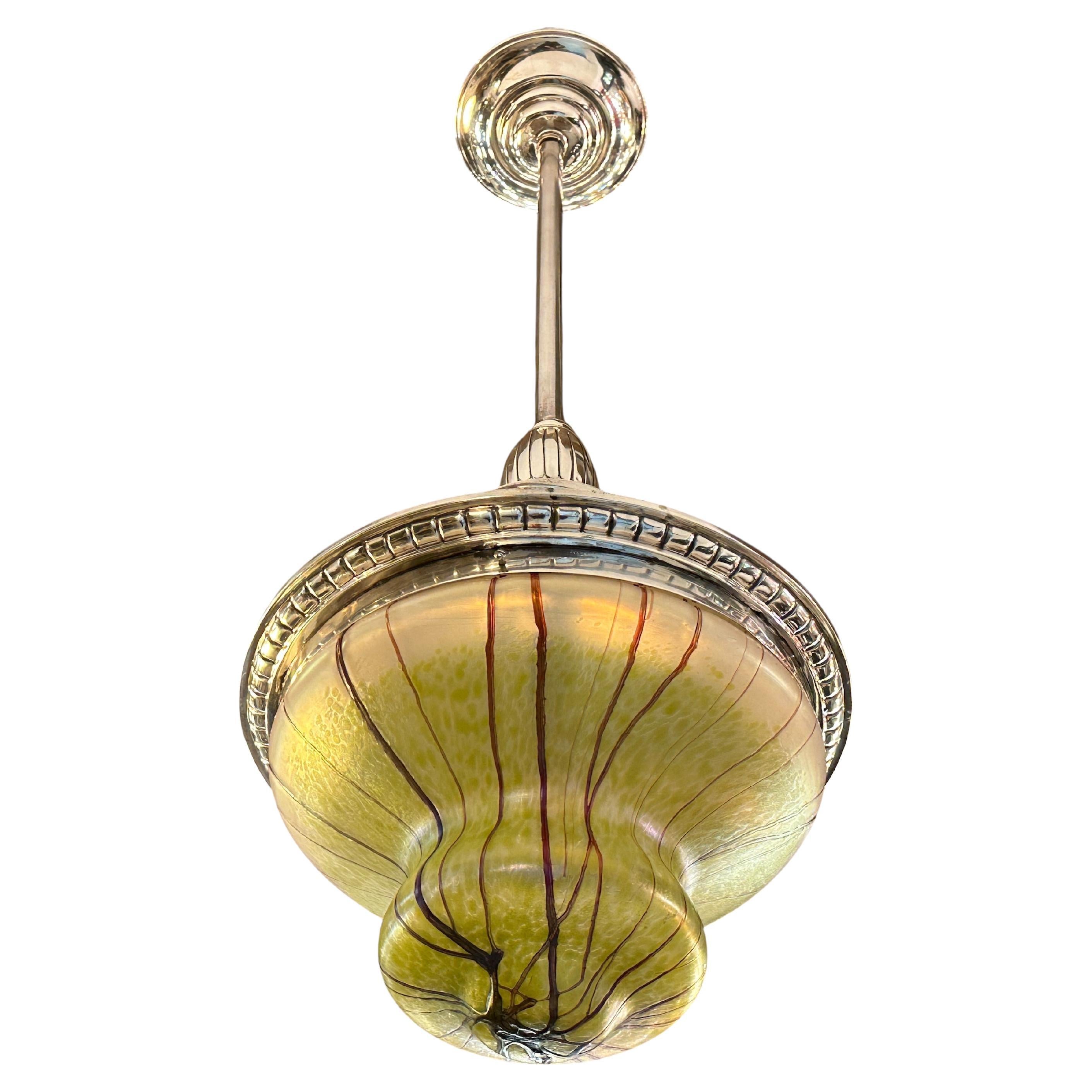 Art Nouveau, Liberty Hanging Lamp in silver-plated bronze and glass, 1900 For Sale