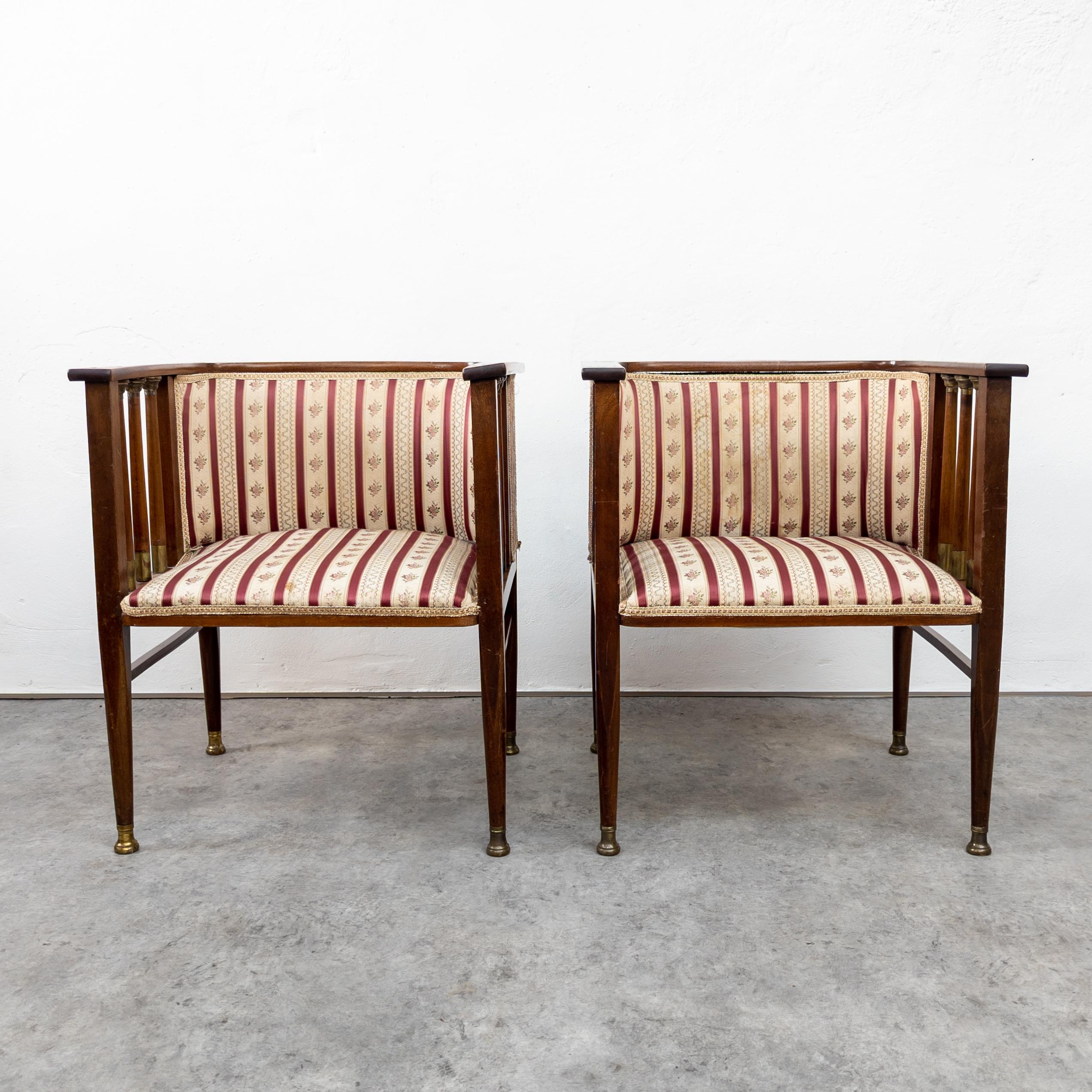 Art Nouveau Mahogany and Brass Armchairs by Hans Christiansen For Sale 5