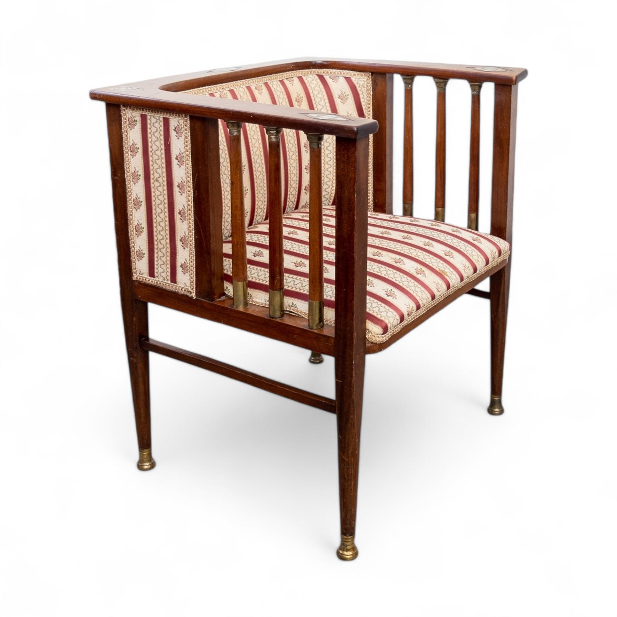 Art Nouveau Mahogany and Brass Armchairs by Hans Christiansen 6