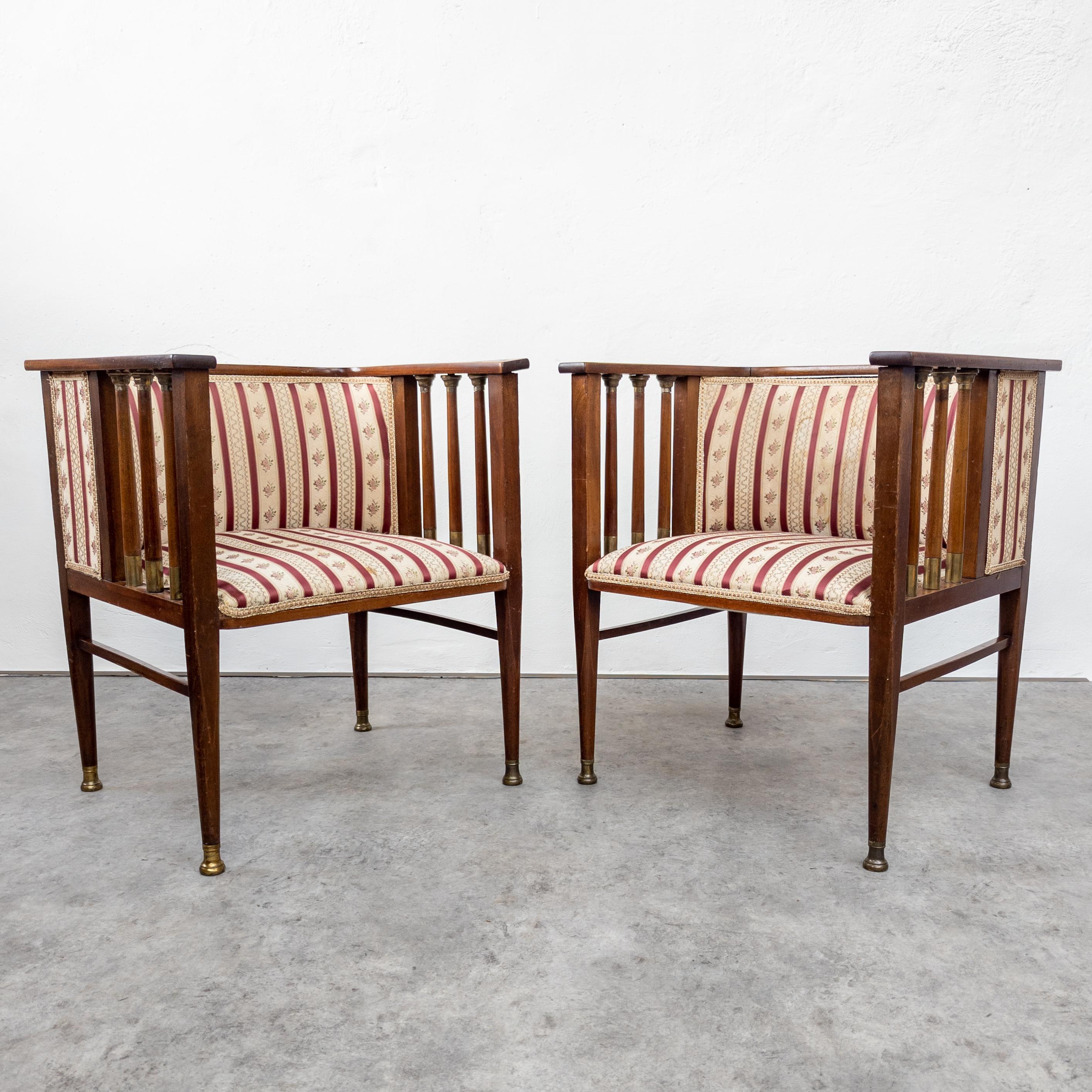 German Art Nouveau Mahogany and Brass Armchairs by Hans Christiansen For Sale