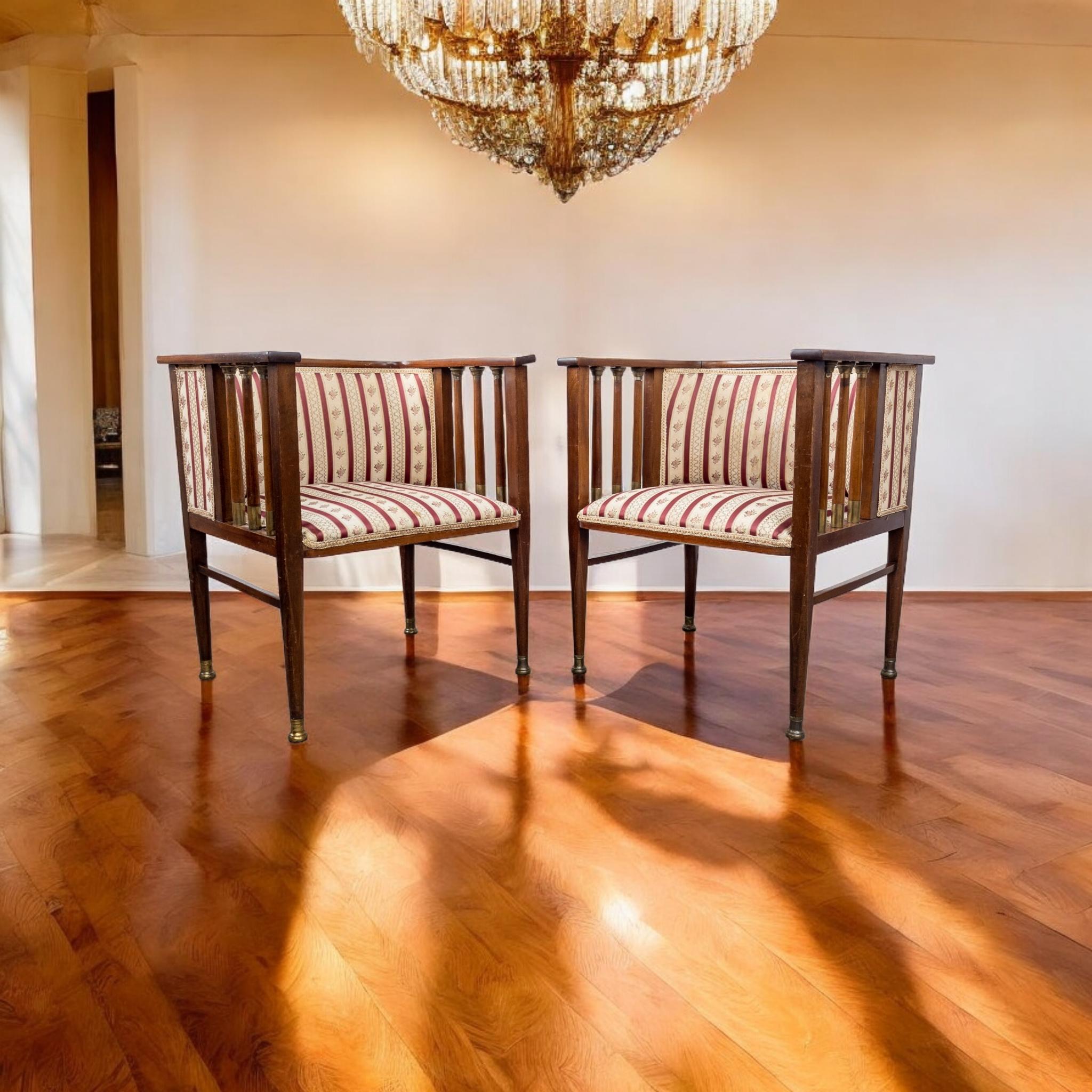 German Art Nouveau Mahogany and Brass Armchairs by Hans Christiansen