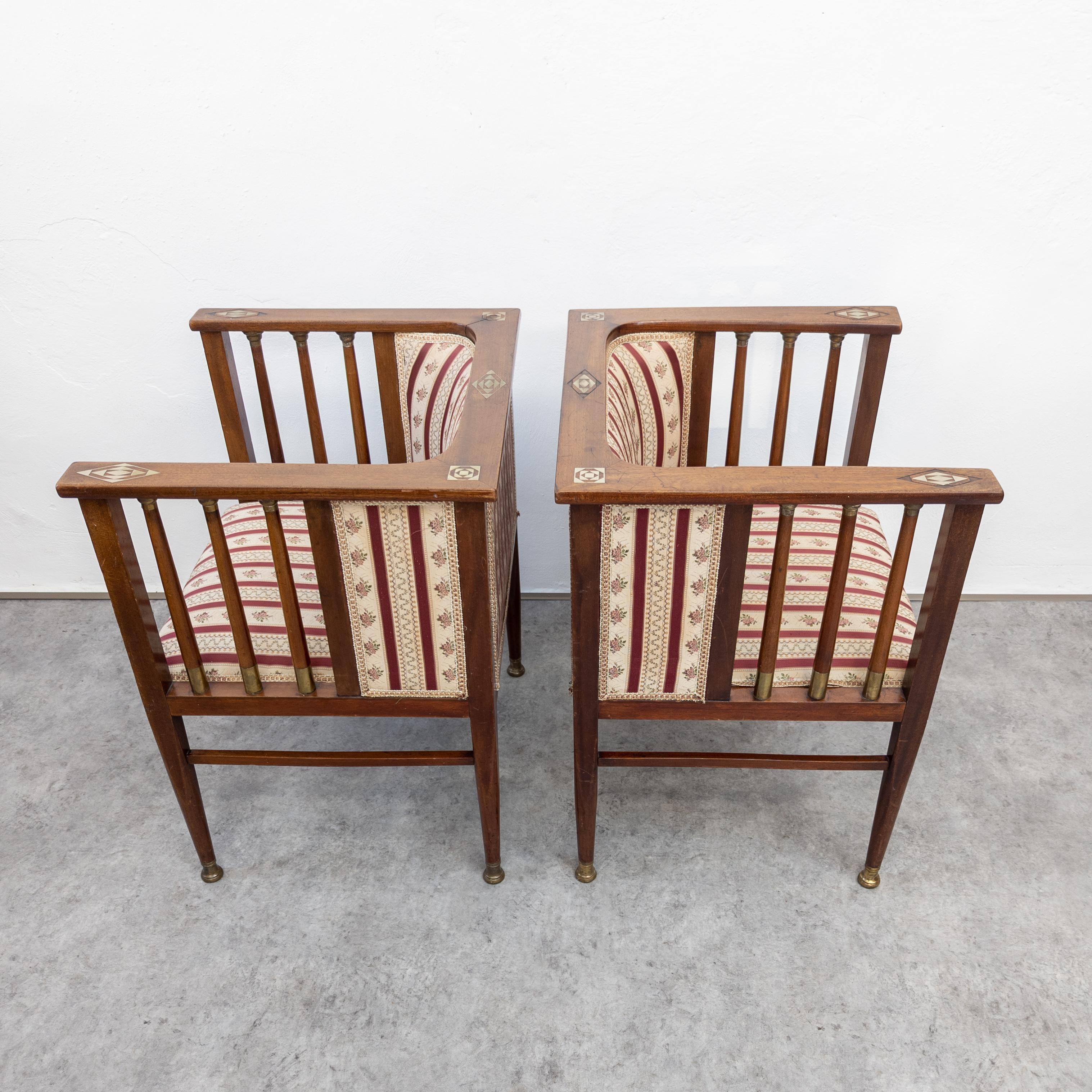 Art Nouveau Mahogany and Brass Armchairs by Hans Christiansen In Good Condition For Sale In PRAHA 5, CZ