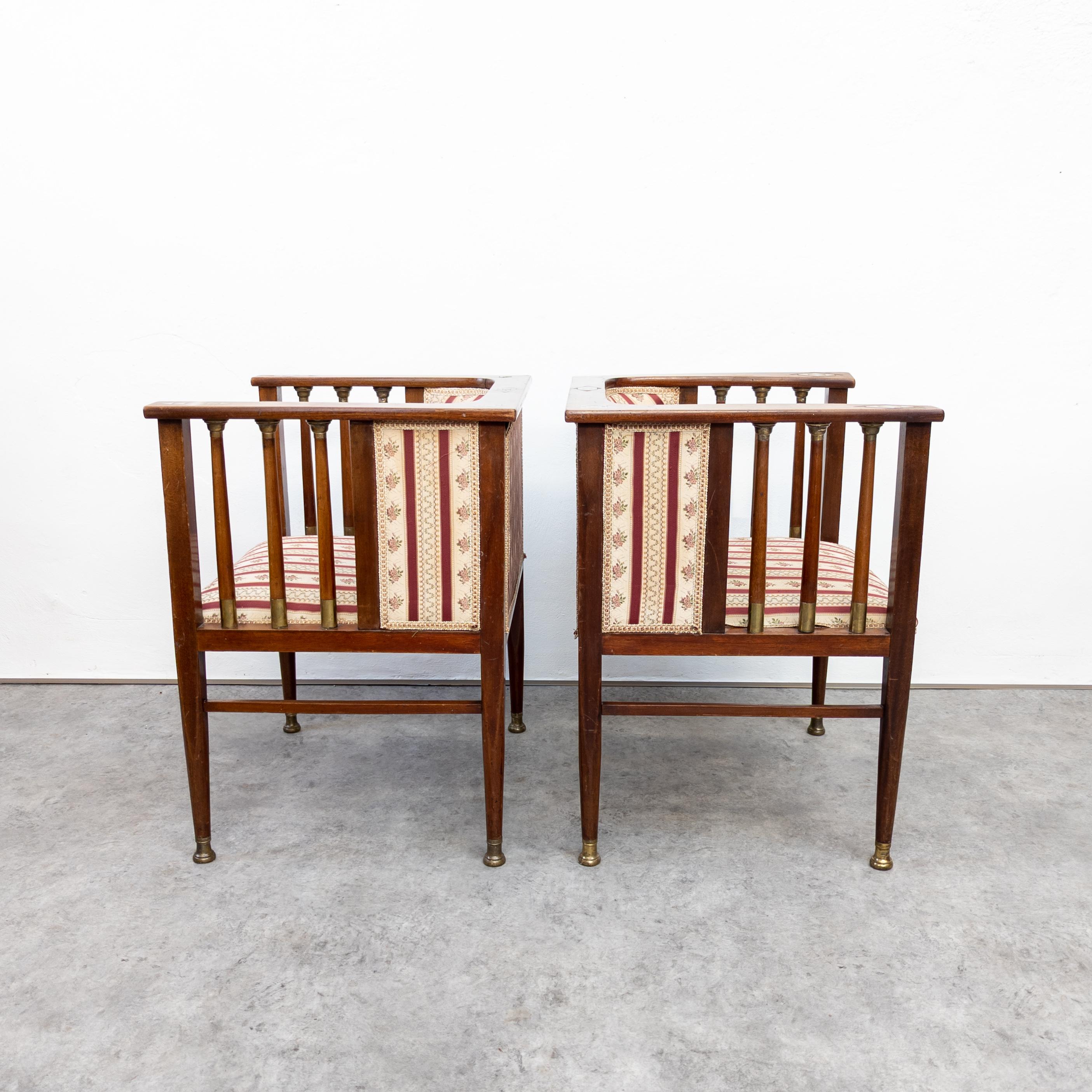 Early 20th Century Art Nouveau Mahogany and Brass Armchairs by Hans Christiansen For Sale