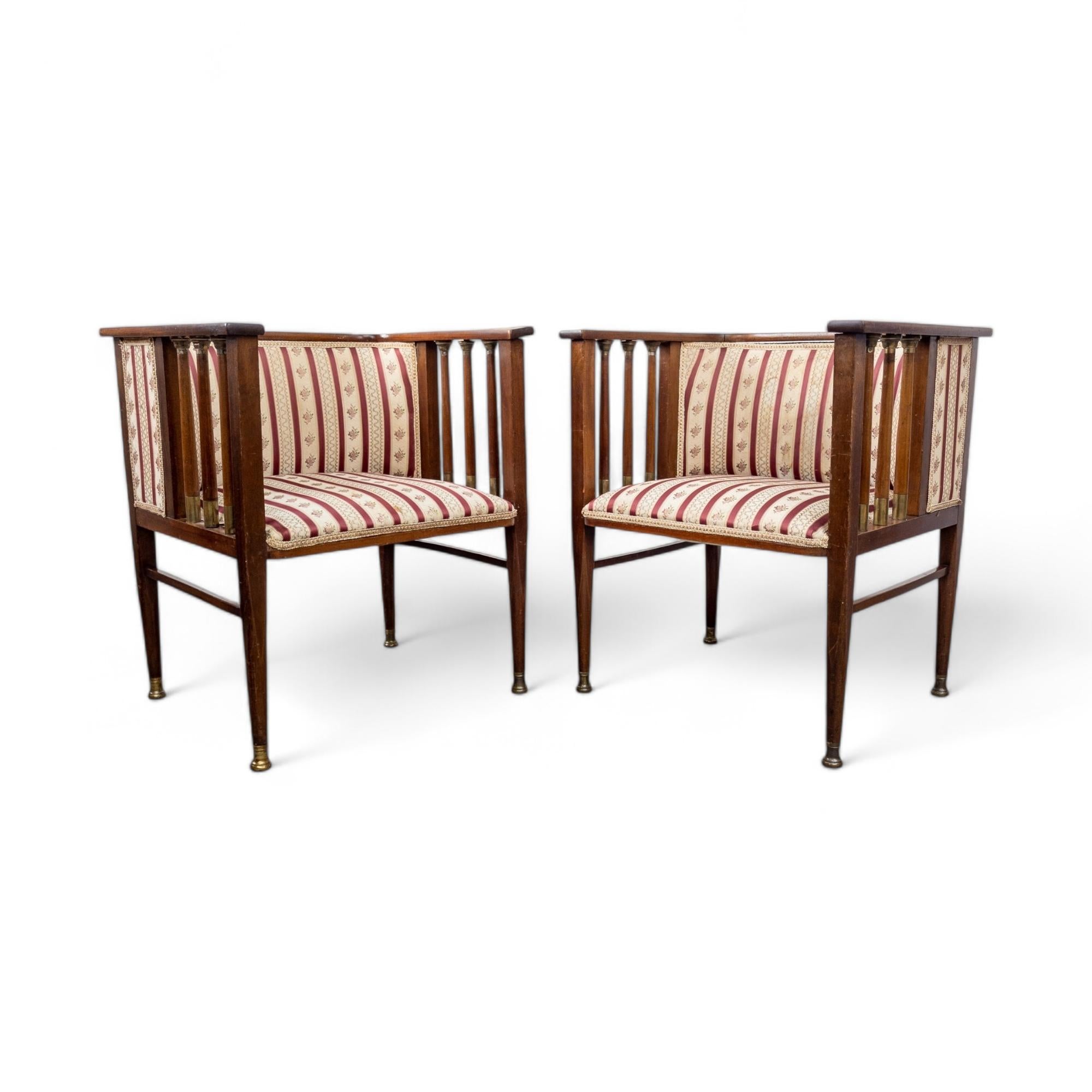 Early 20th Century Art Nouveau Mahogany and Brass Armchairs by Hans Christiansen