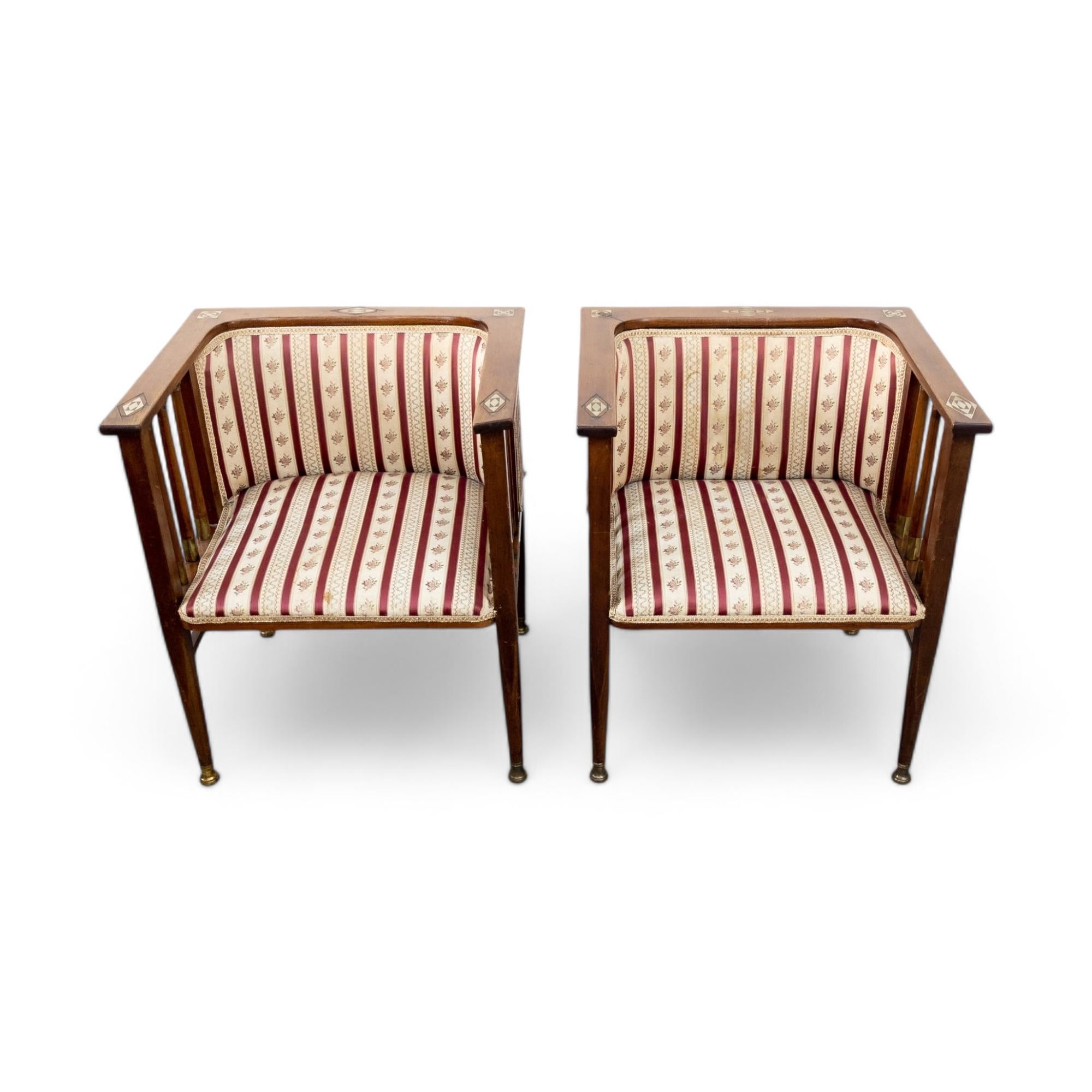Art Nouveau Mahogany and Brass Armchairs by Hans Christiansen 1