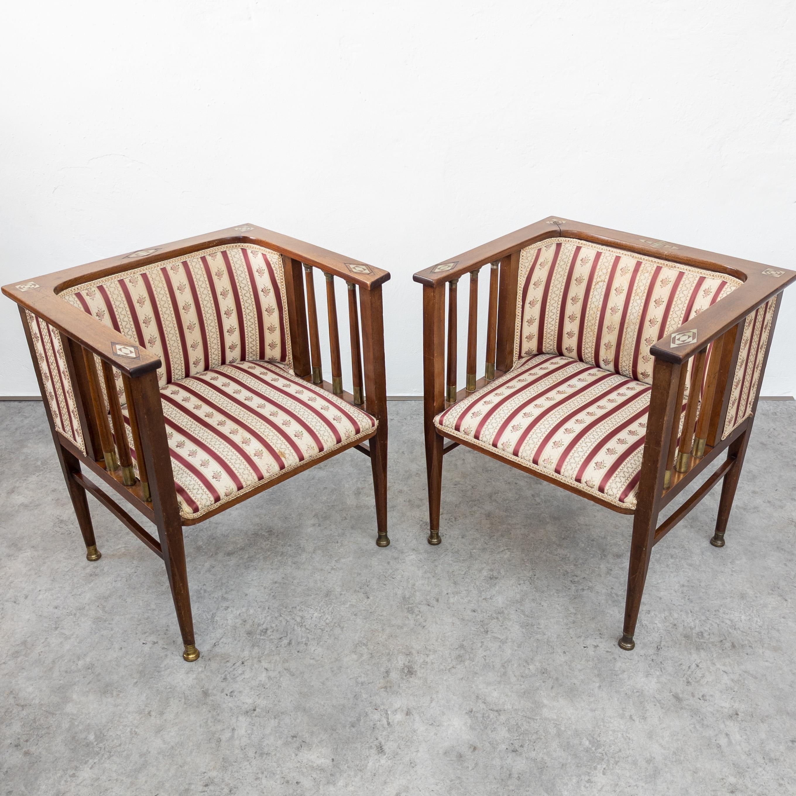 Art Nouveau Mahogany and Brass Armchairs by Hans Christiansen For Sale 2