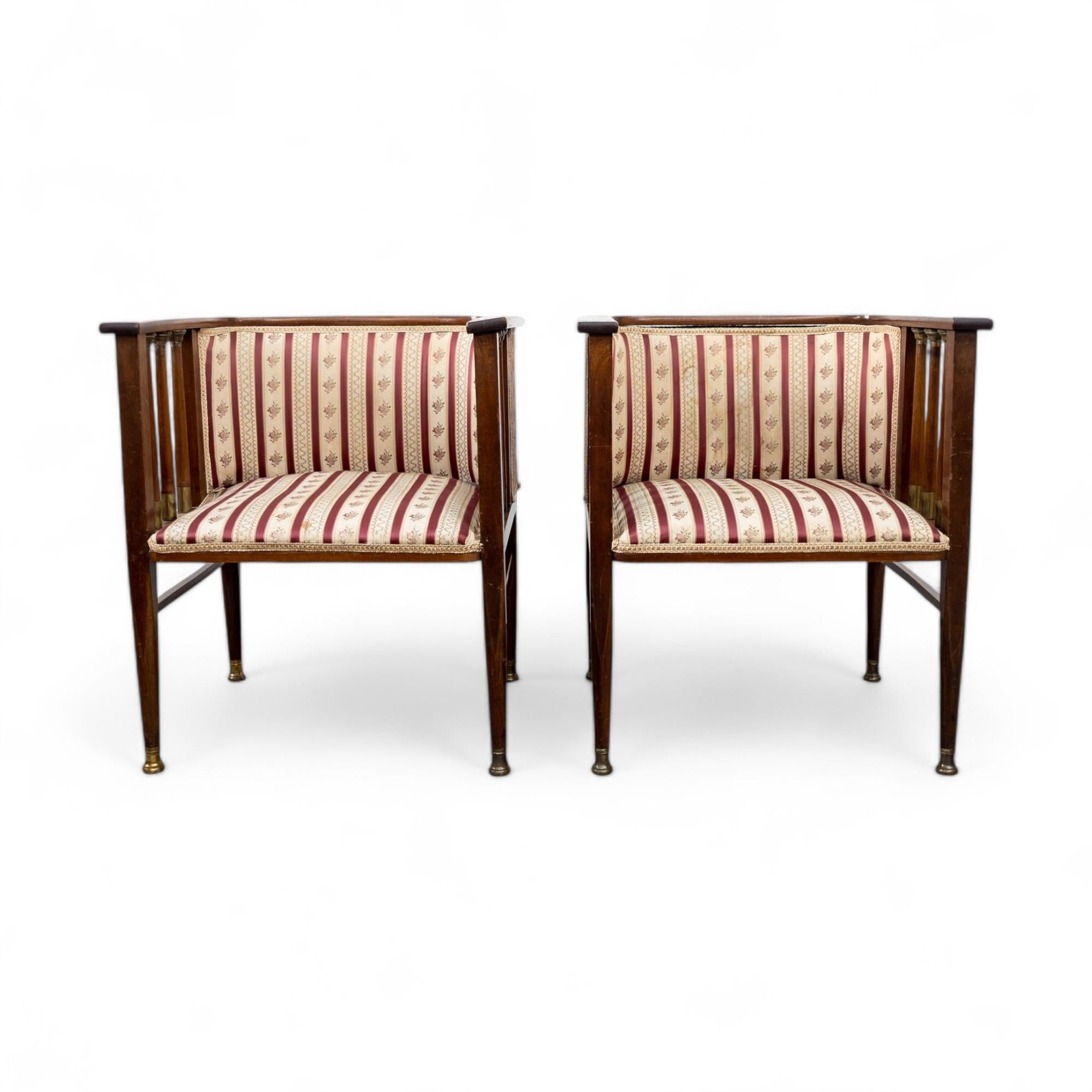 Art Nouveau Mahogany and Brass Armchairs by Hans Christiansen 2