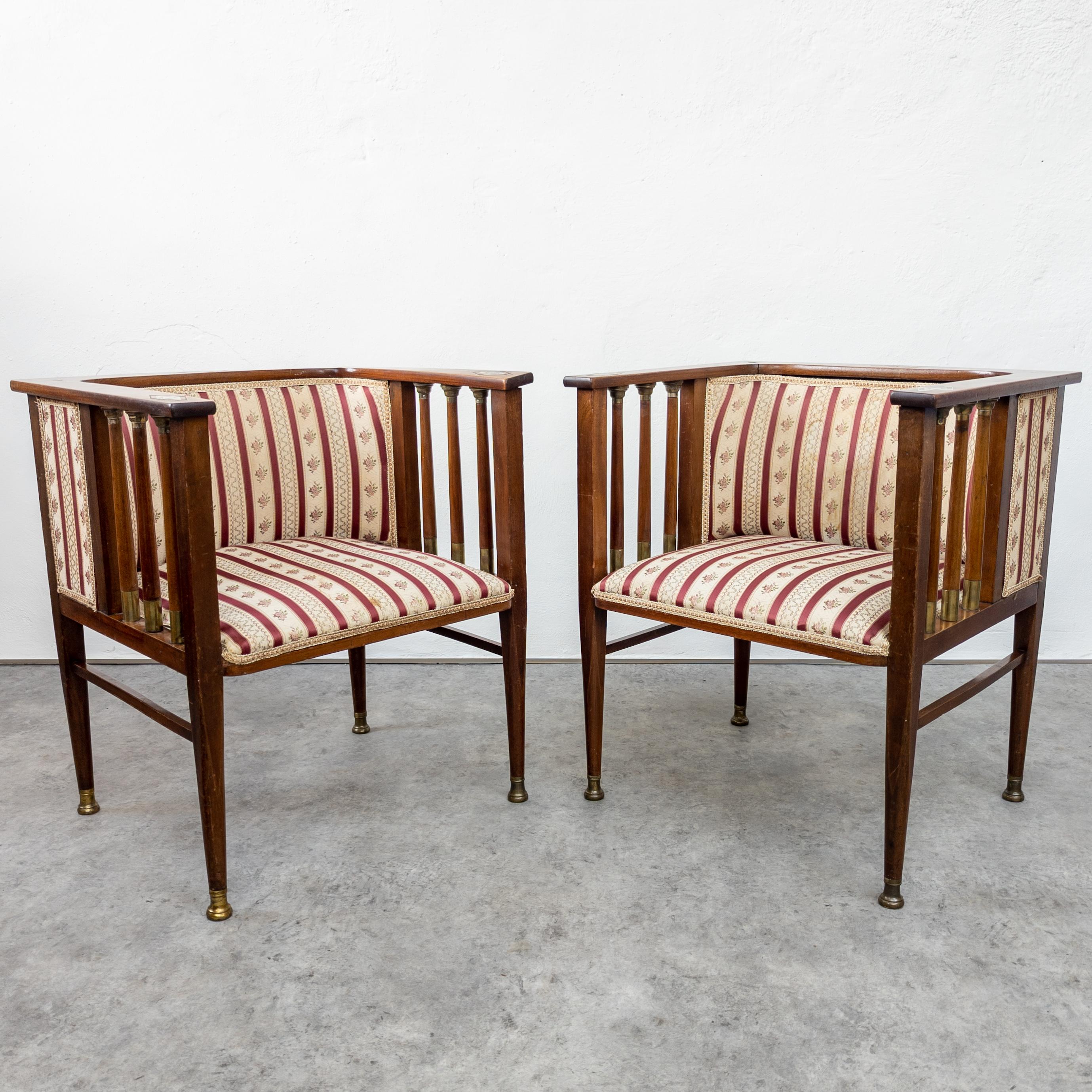 Art Nouveau Mahogany and Brass Armchairs by Hans Christiansen For Sale 3