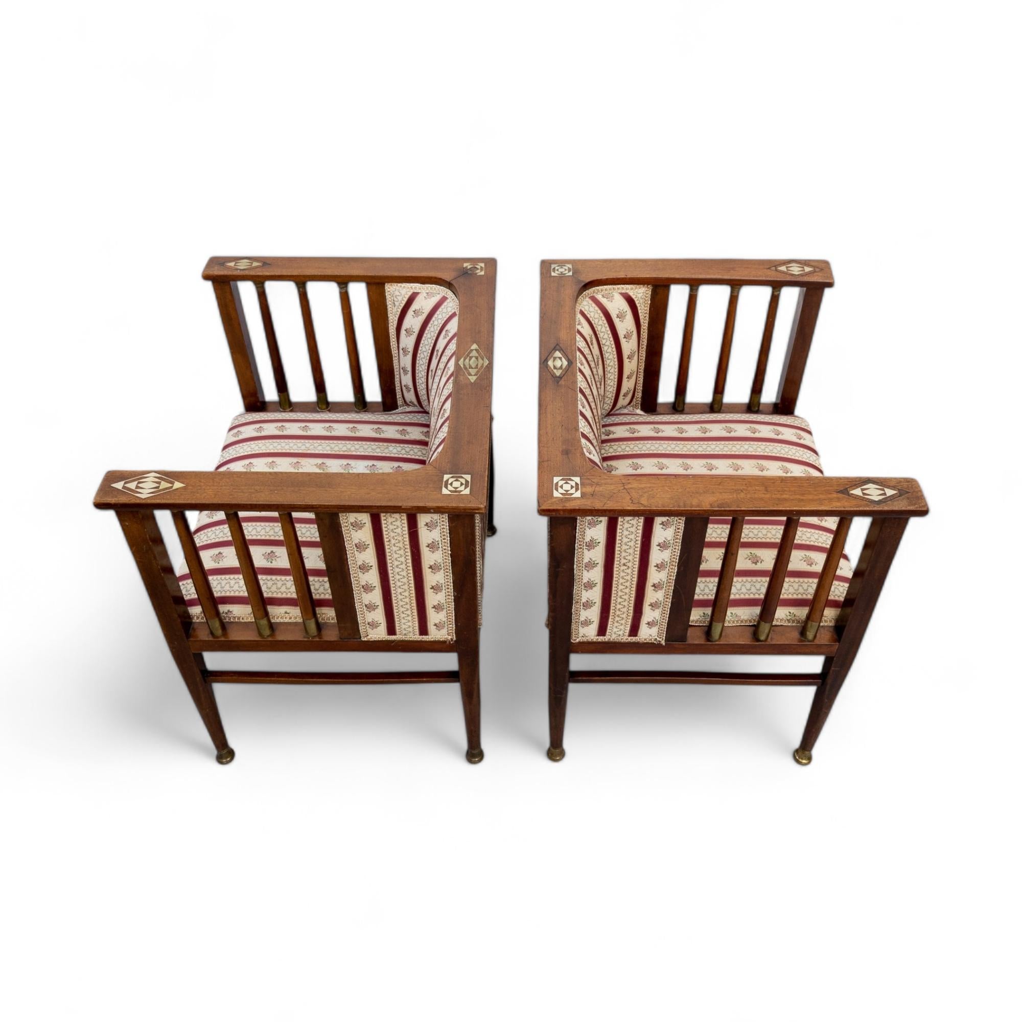 Art Nouveau Mahogany and Brass Armchairs by Hans Christiansen 3