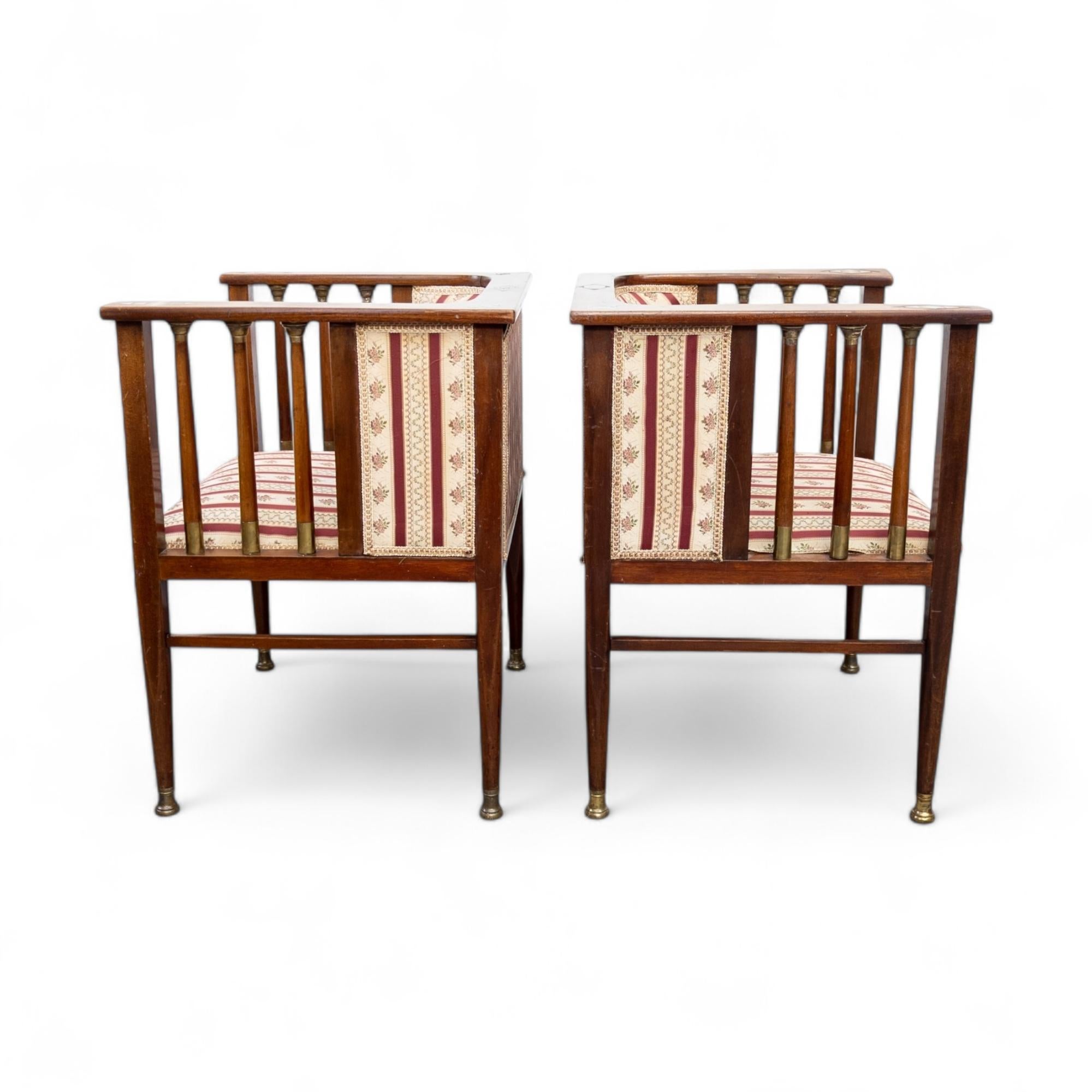 Art Nouveau Mahogany and Brass Armchairs by Hans Christiansen 4
