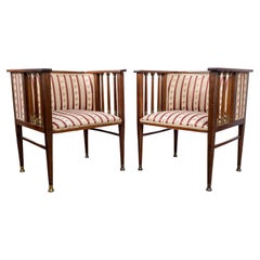 Art Nouveau Mahogany and Brass Armchairs by Hans Christiansen
