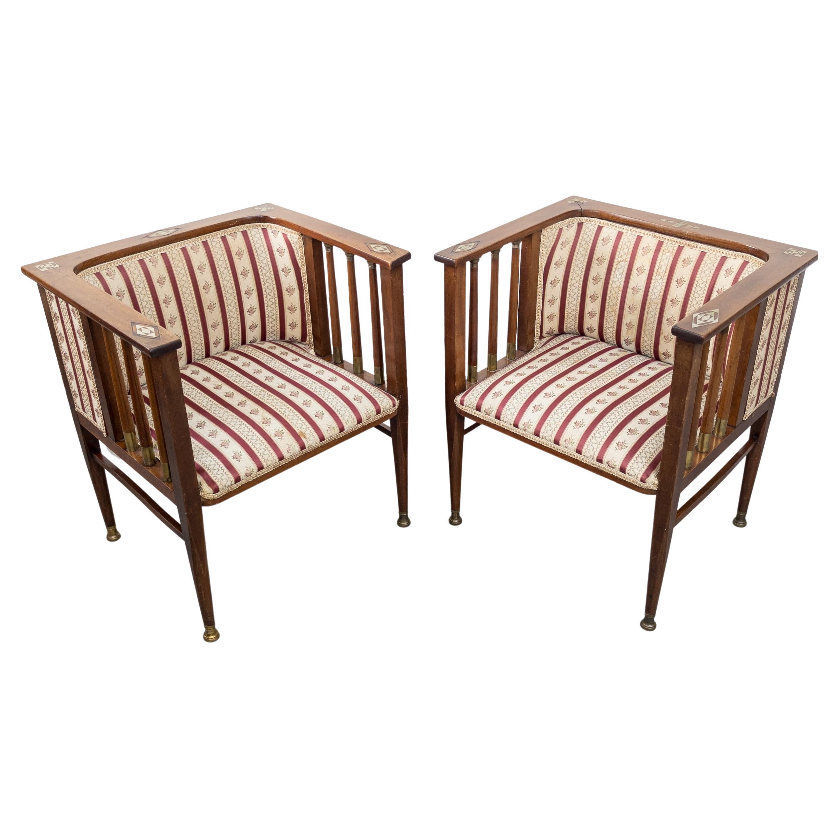 Art Nouveau Mahogany and Brass Armchairs by Hans Christiansen For Sale