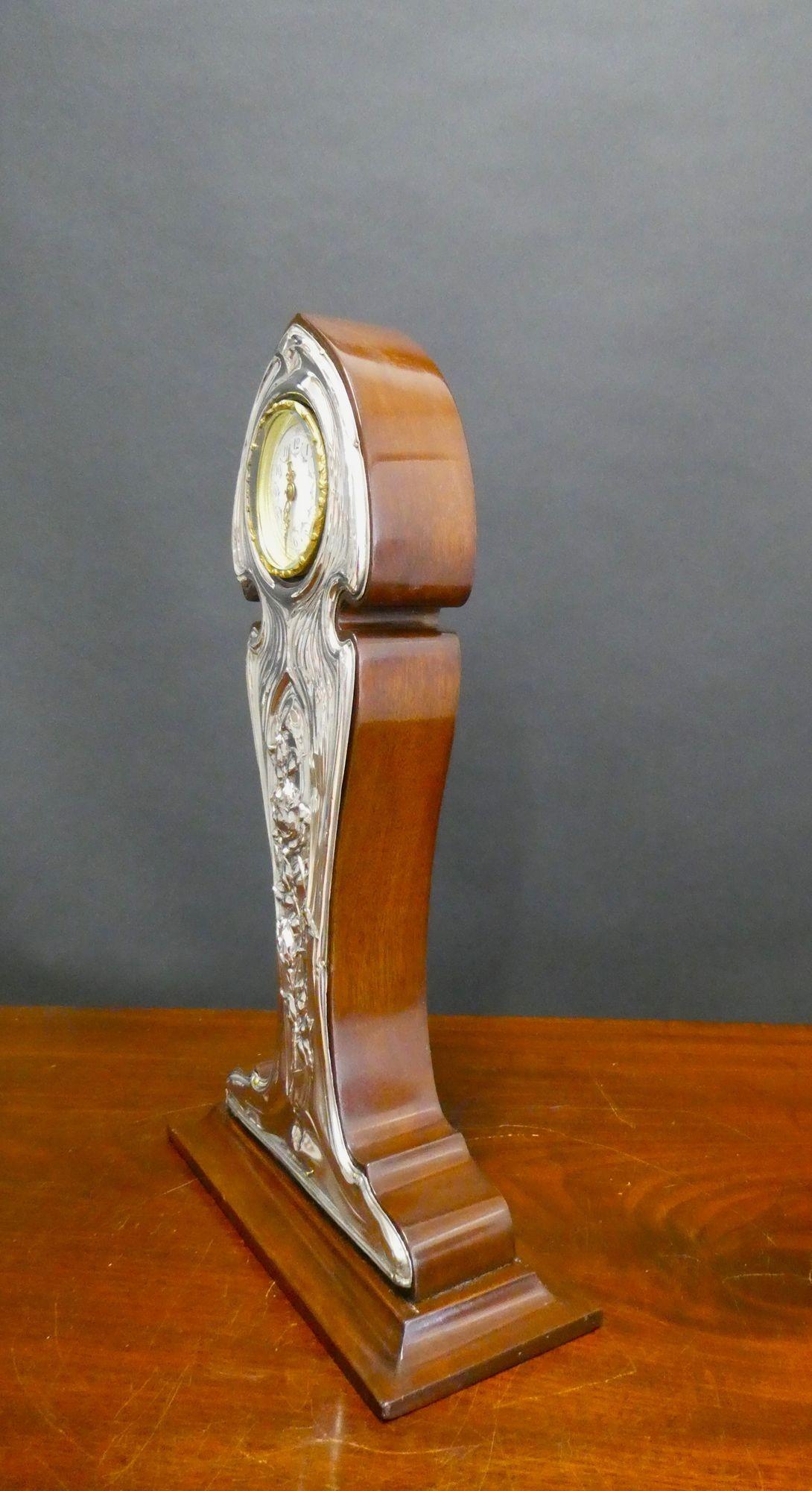 English Art Nouveau Mahogany and Silver Mantel Clock For Sale