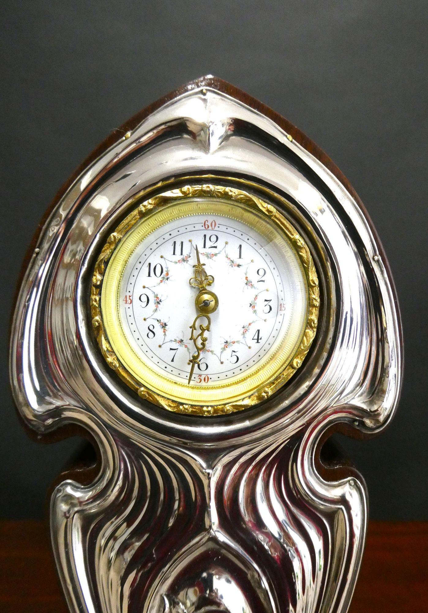 Art Nouveau Mahogany and Silver Mantel Clock For Sale 2
