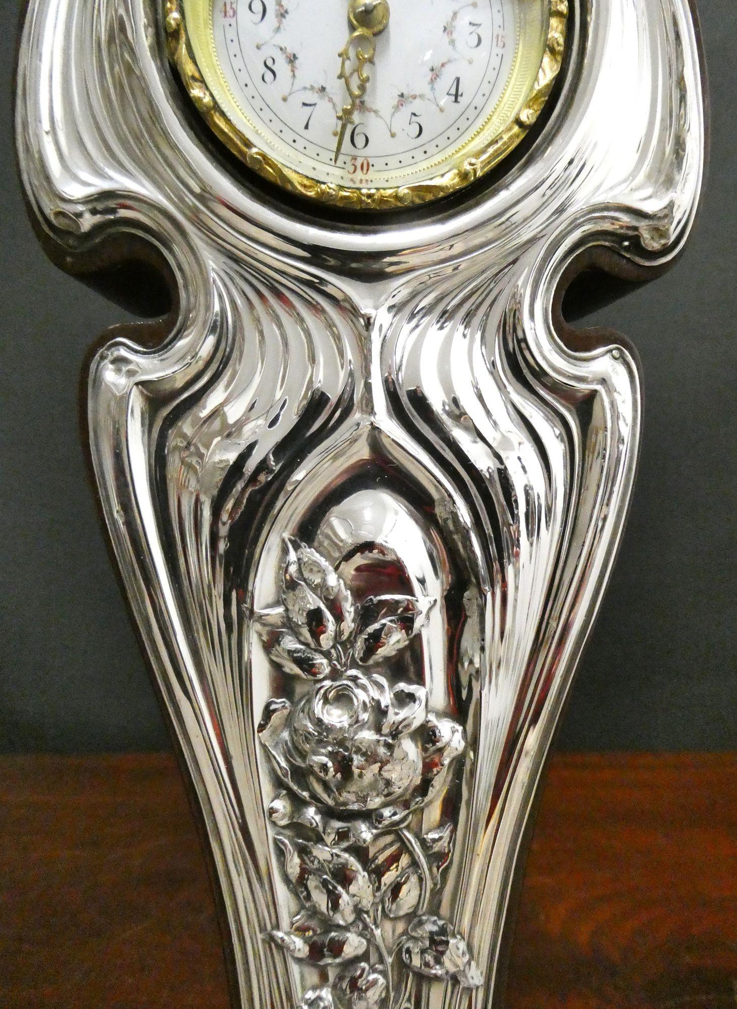 Art Nouveau Mahogany and Silver Mantel Clock For Sale 4