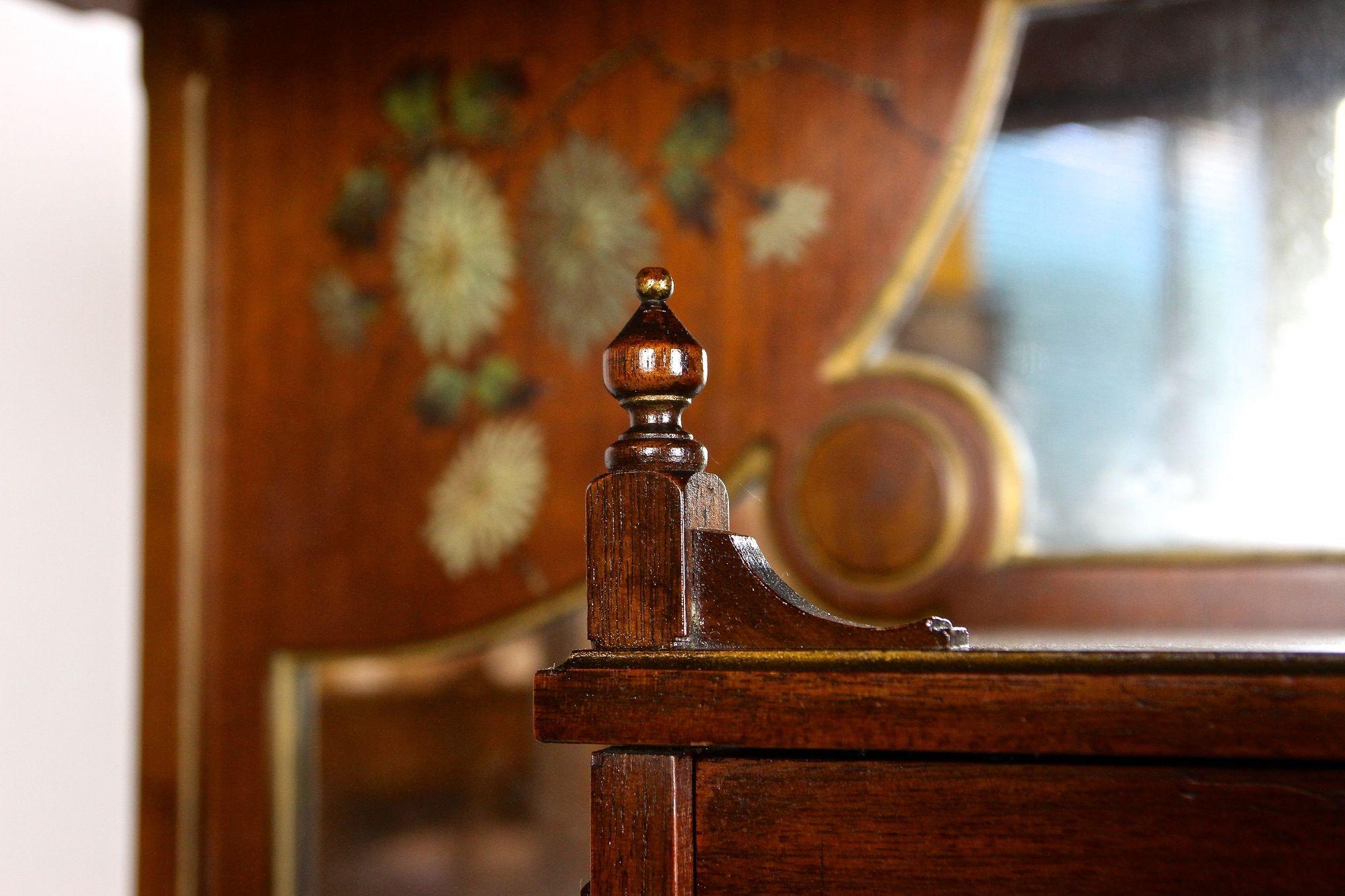 Brass Art Nouveau Mahogany Display Cabinet/ Etagere With Painted Flowers, FR ca. 1900