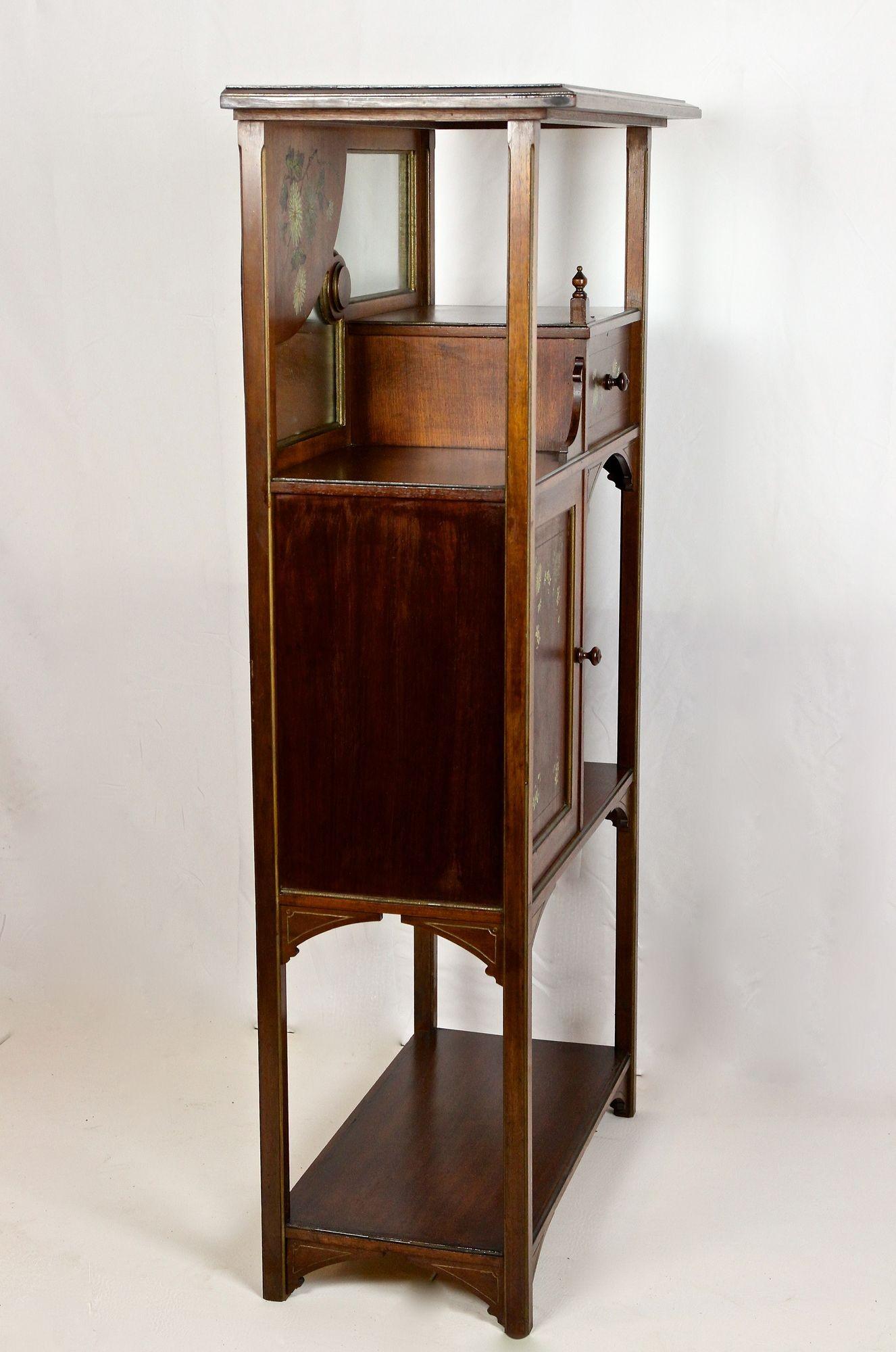 Art Nouveau Mahogany Display Cabinet/ Etagere With Painted Flowers, FR ca. 1900 3