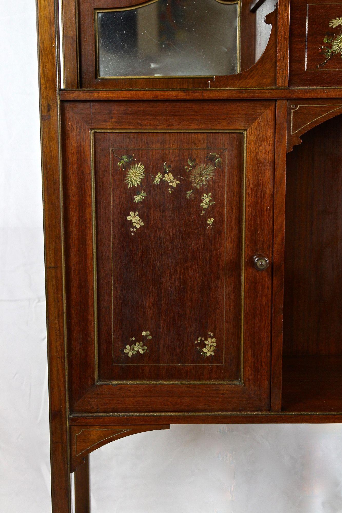 French Art Nouveau Mahogany Display Cabinet/ Etagere With Painted Flowers, FR ca. 1900