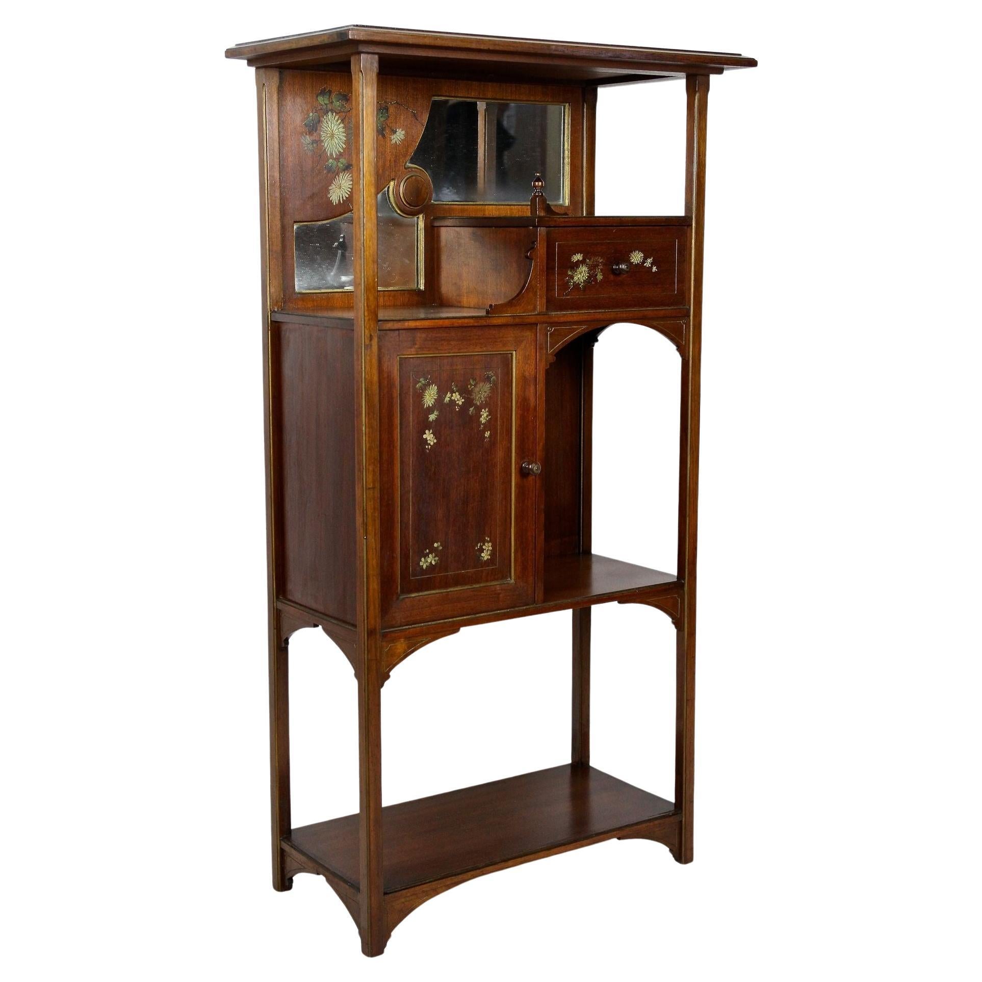 Art Nouveau Mahogany Display Cabinet/ Etagere With Painted Flowers, FR ca. 1900