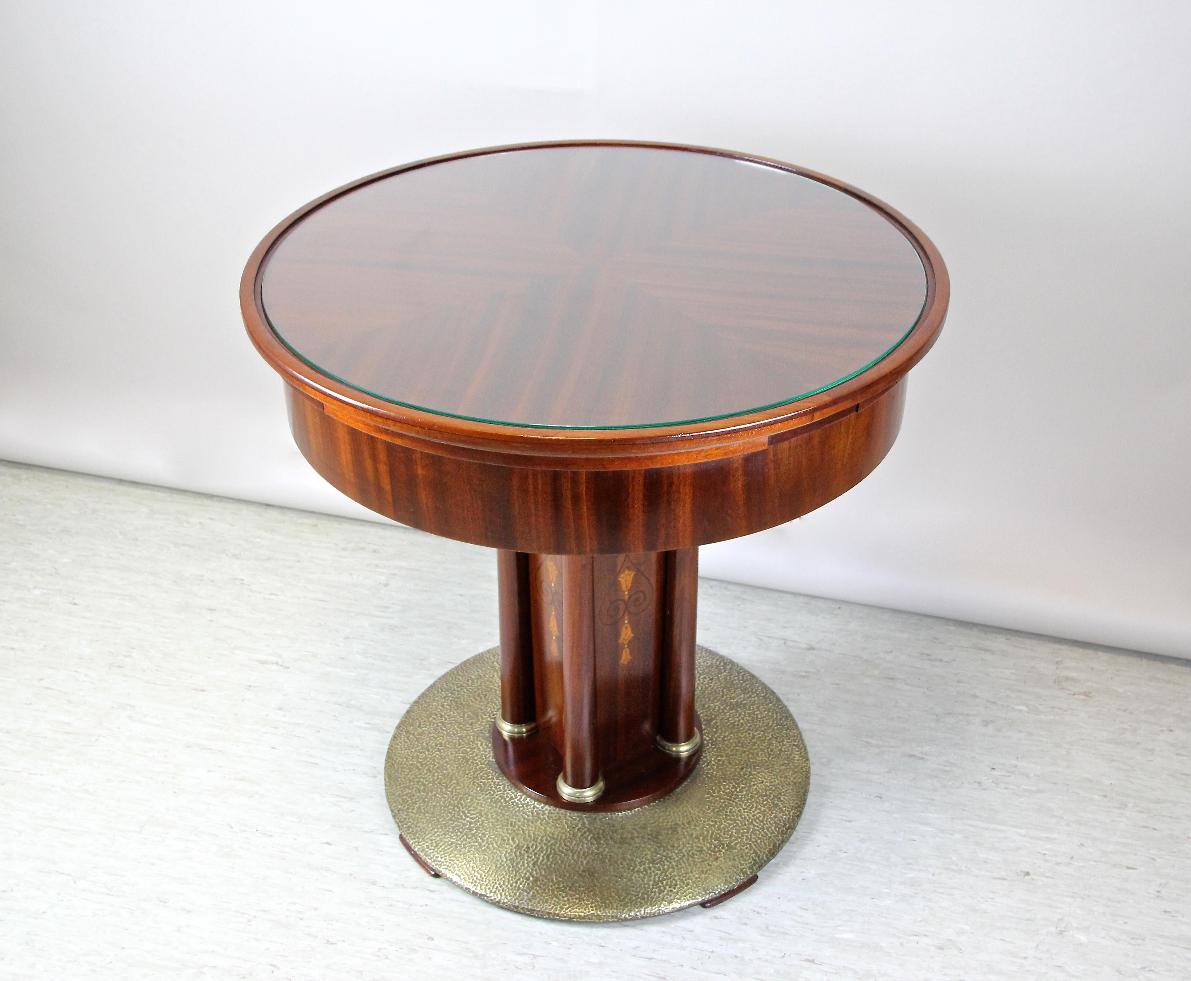 Austrian Art Nouveau Mahogany Gaming Table with Hammered Brass Base, Austria, circa 1910