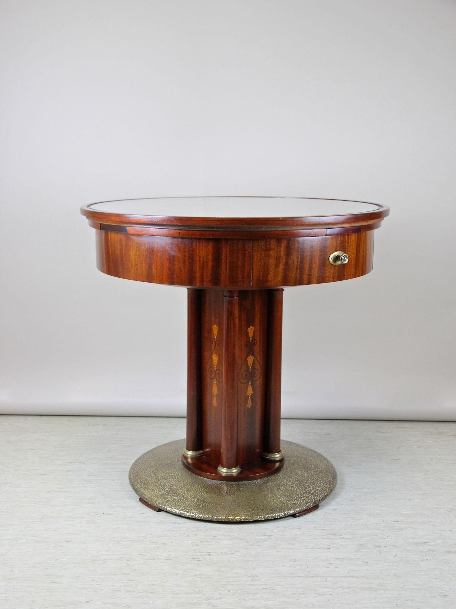 Appliqué Art Nouveau Mahogany Gaming Table with Hammered Brass Base, Austria, circa 1910 For Sale