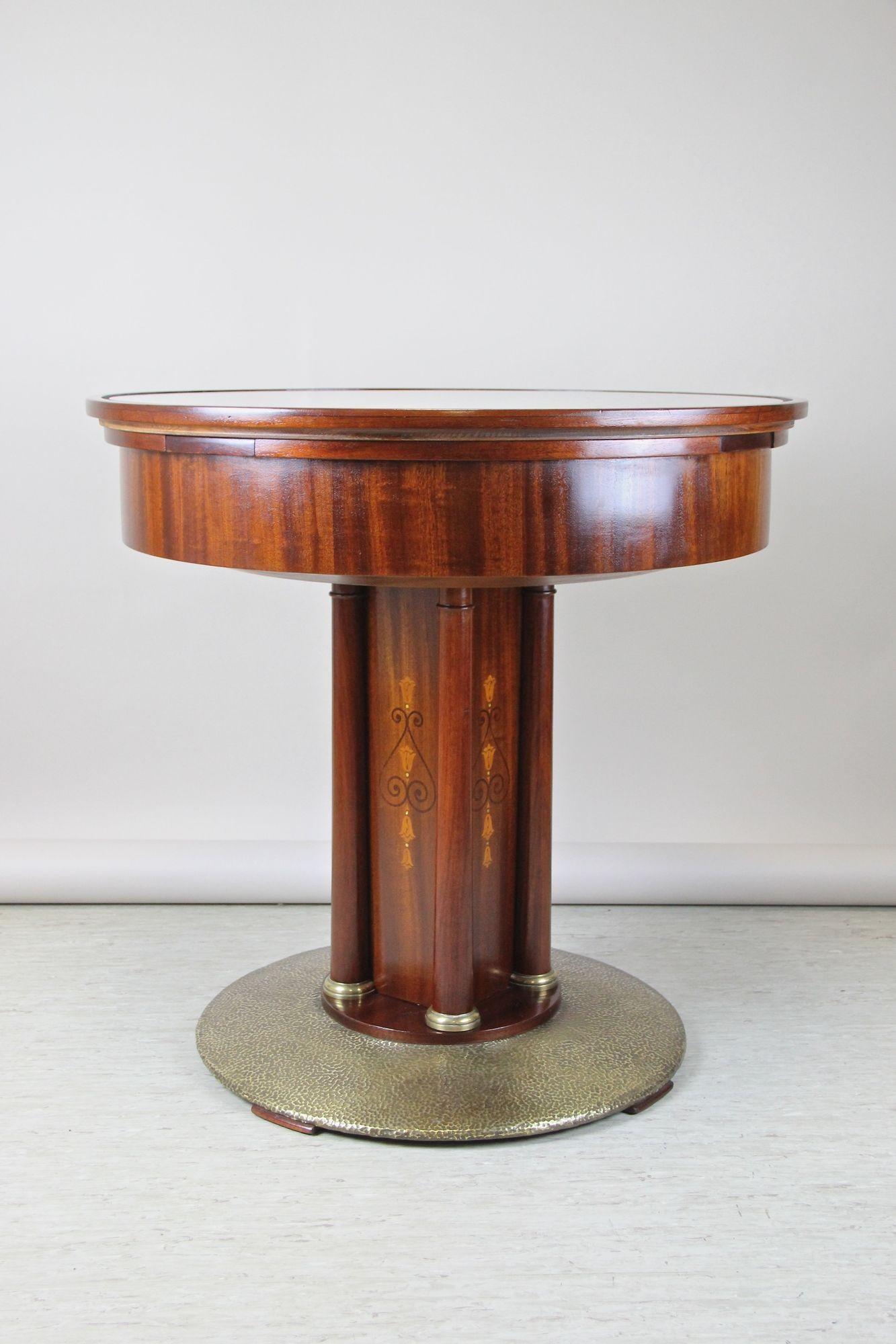 20th Century Art Nouveau Mahogany Gaming Table with Hammered Brass Base, Austria, circa 1910 For Sale