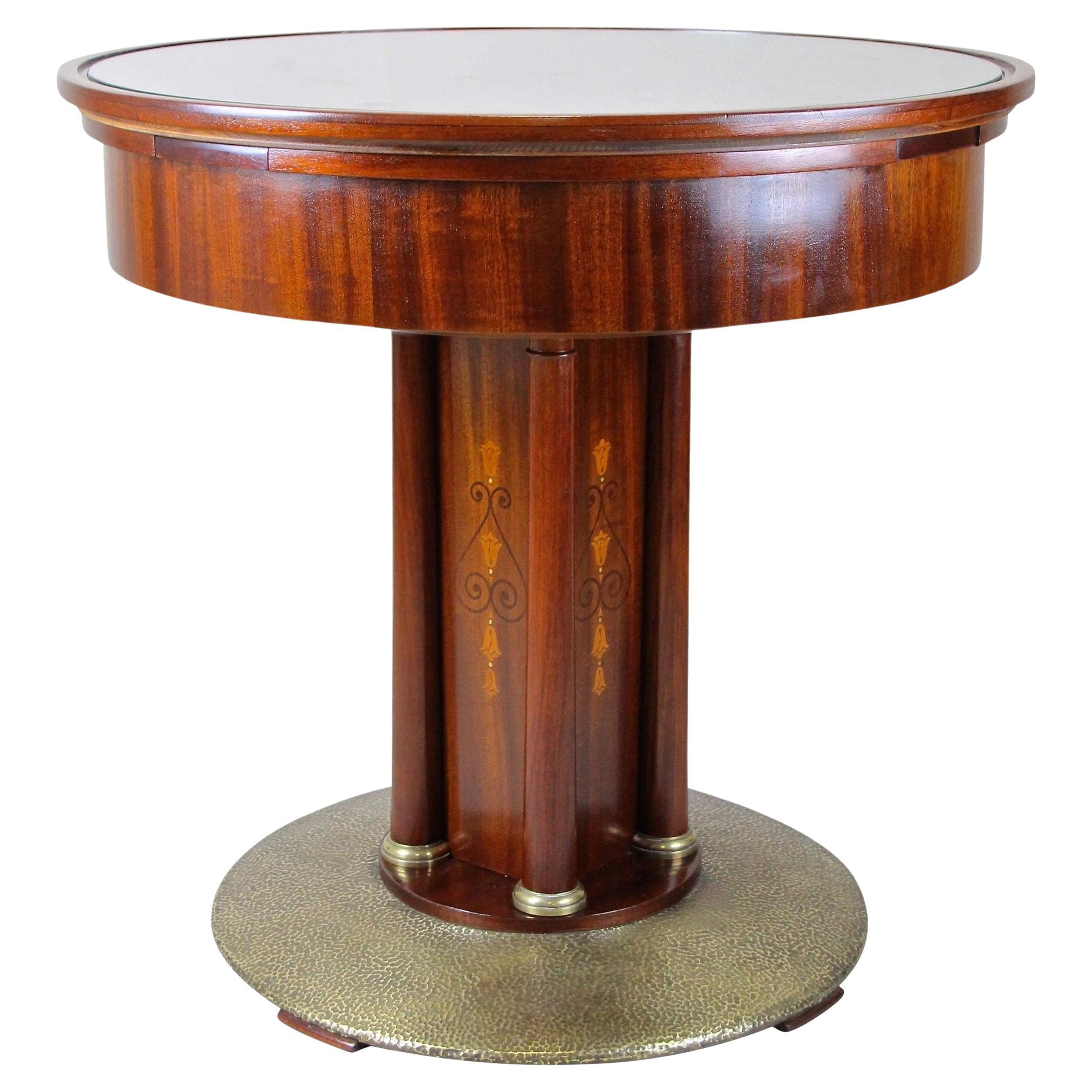 Art Nouveau Mahogany Gaming Table with Hammered Brass Base, Austria, circa 1910 For Sale