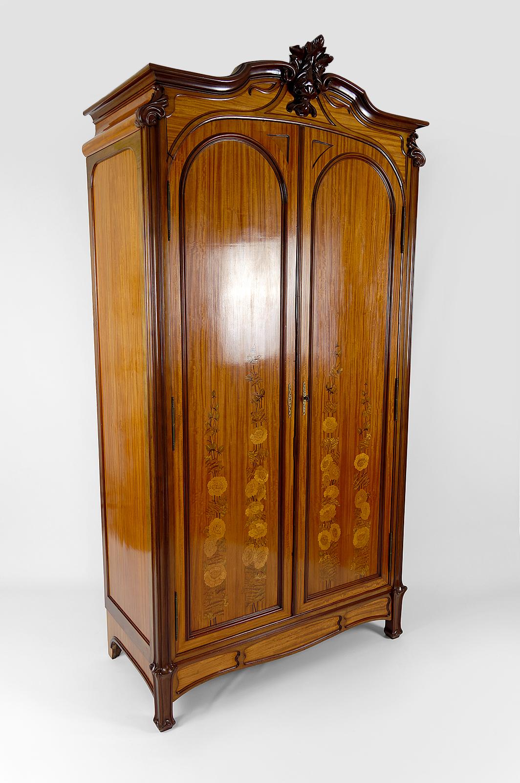 French Art Nouveau Wood Inlaid Wardrobe, France, circa 1900 For Sale