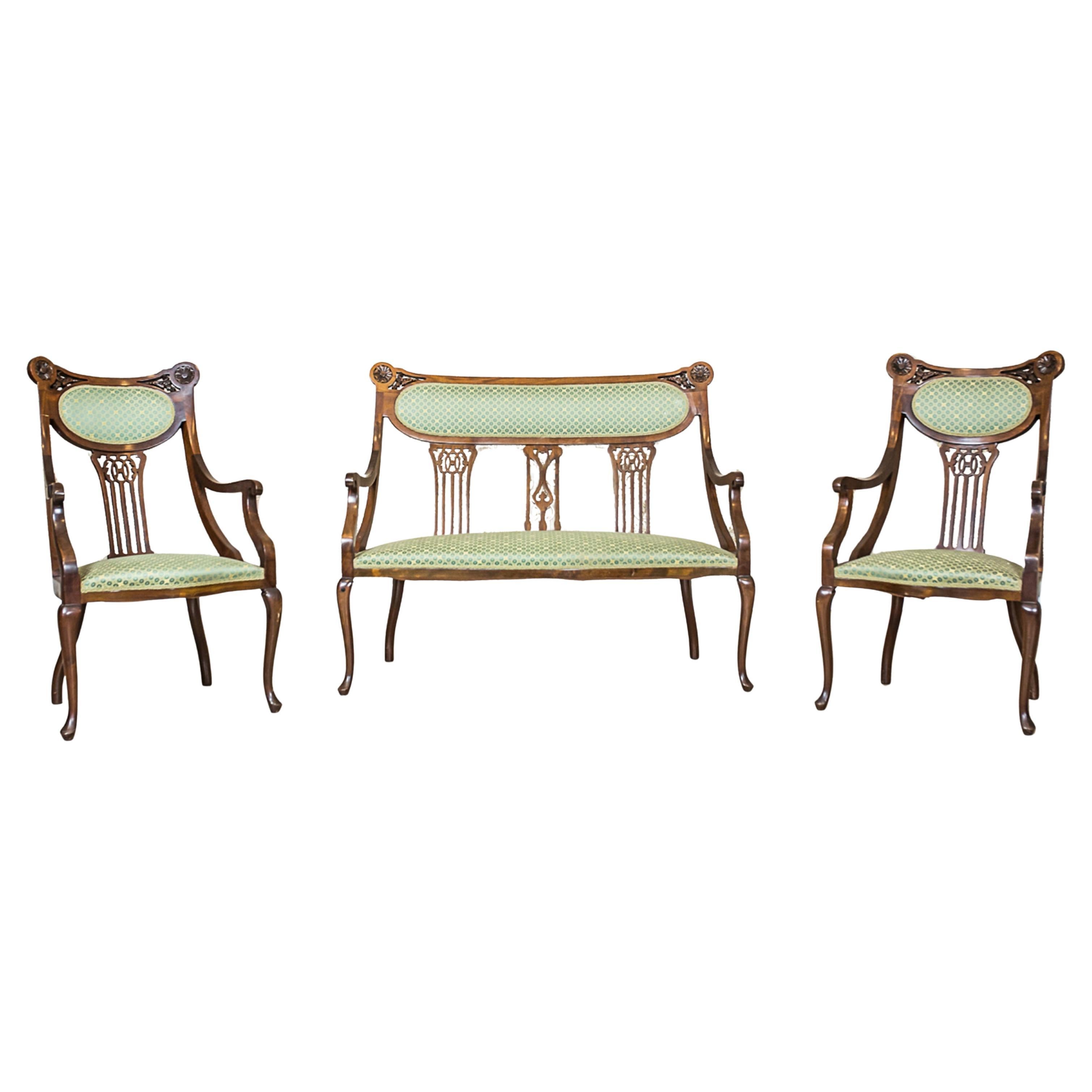 Art Nouveau Mahogany Living Room Set, 1910, Set of 3