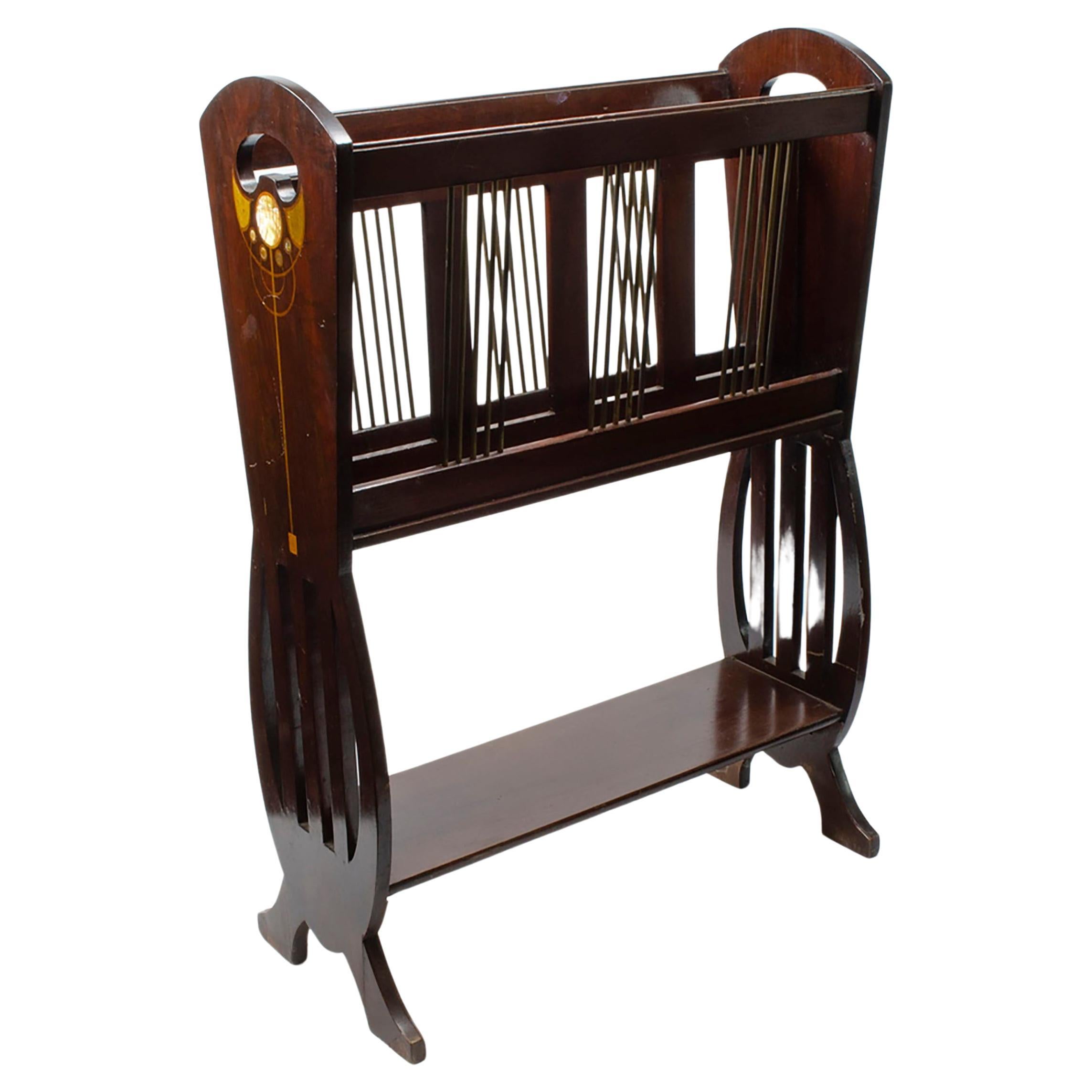 Art Nouveau Mahogany magazine rack with fruitwood & mother of pearl inlay C1900 For Sale