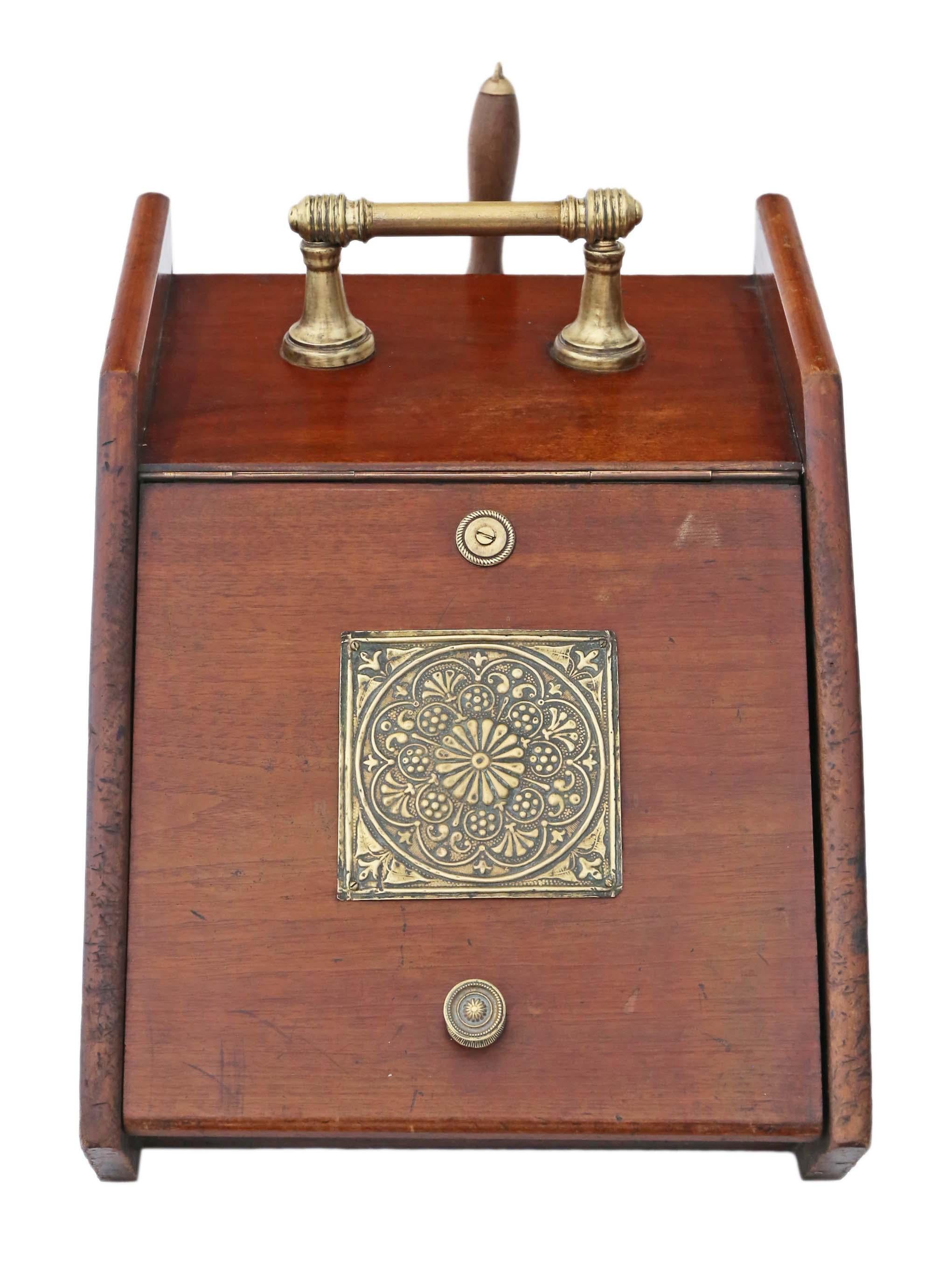 Antique quality Art Nouveau mahogany and brass perdonium coal scuttle, box or cabinet, circa 1910.
This is a lovely item, that is full of charm and character.
This is a heavy quality piece, with no loose joints... far better than most. No