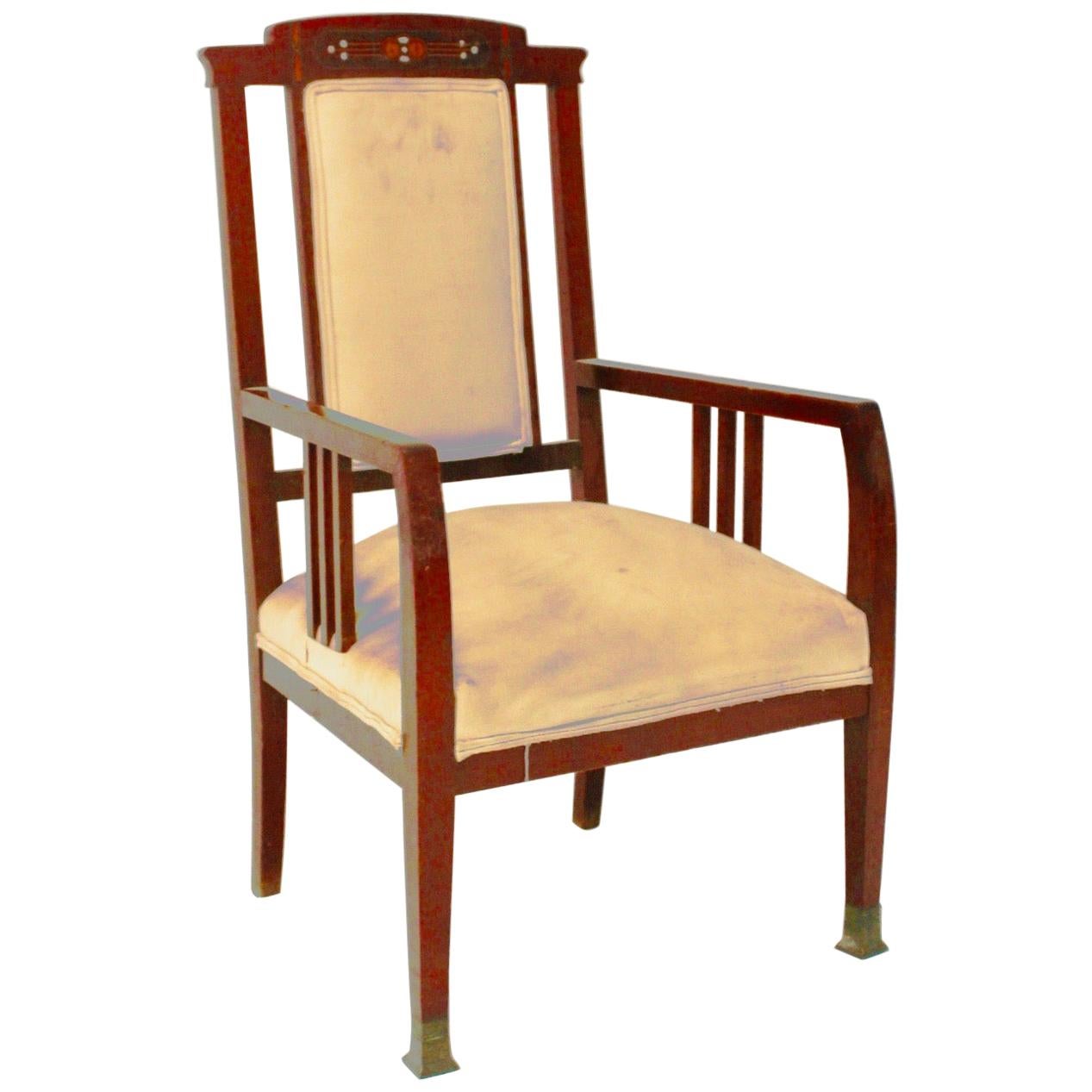 Art Nouveau Mahogany Wood and Inlay Mother of Pearl Salon Armchair, Spain For Sale