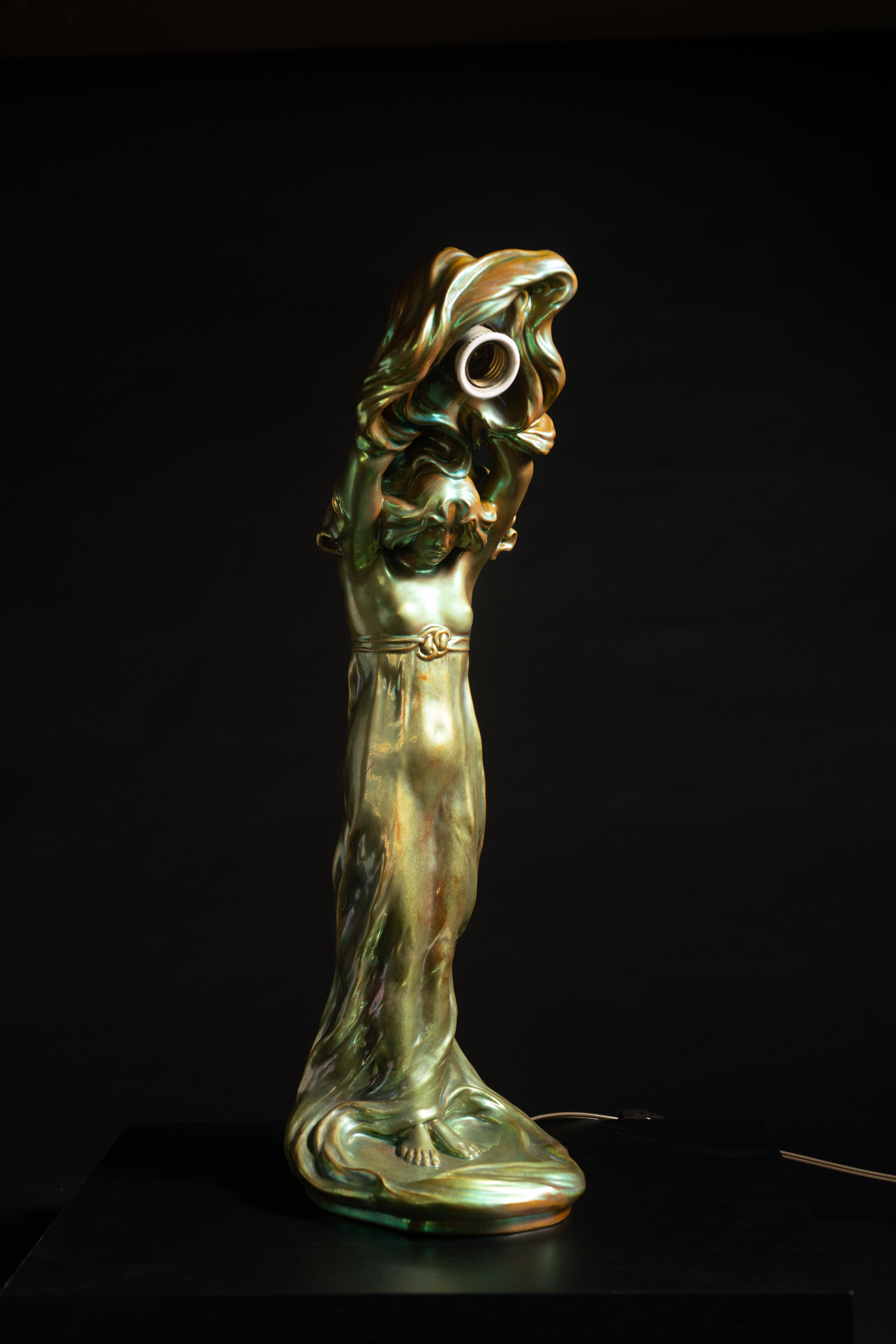 Art Nouveau Maiden Lamp by Lajos Mack for Zsolnay In Good Condition For Sale In Chicago, US