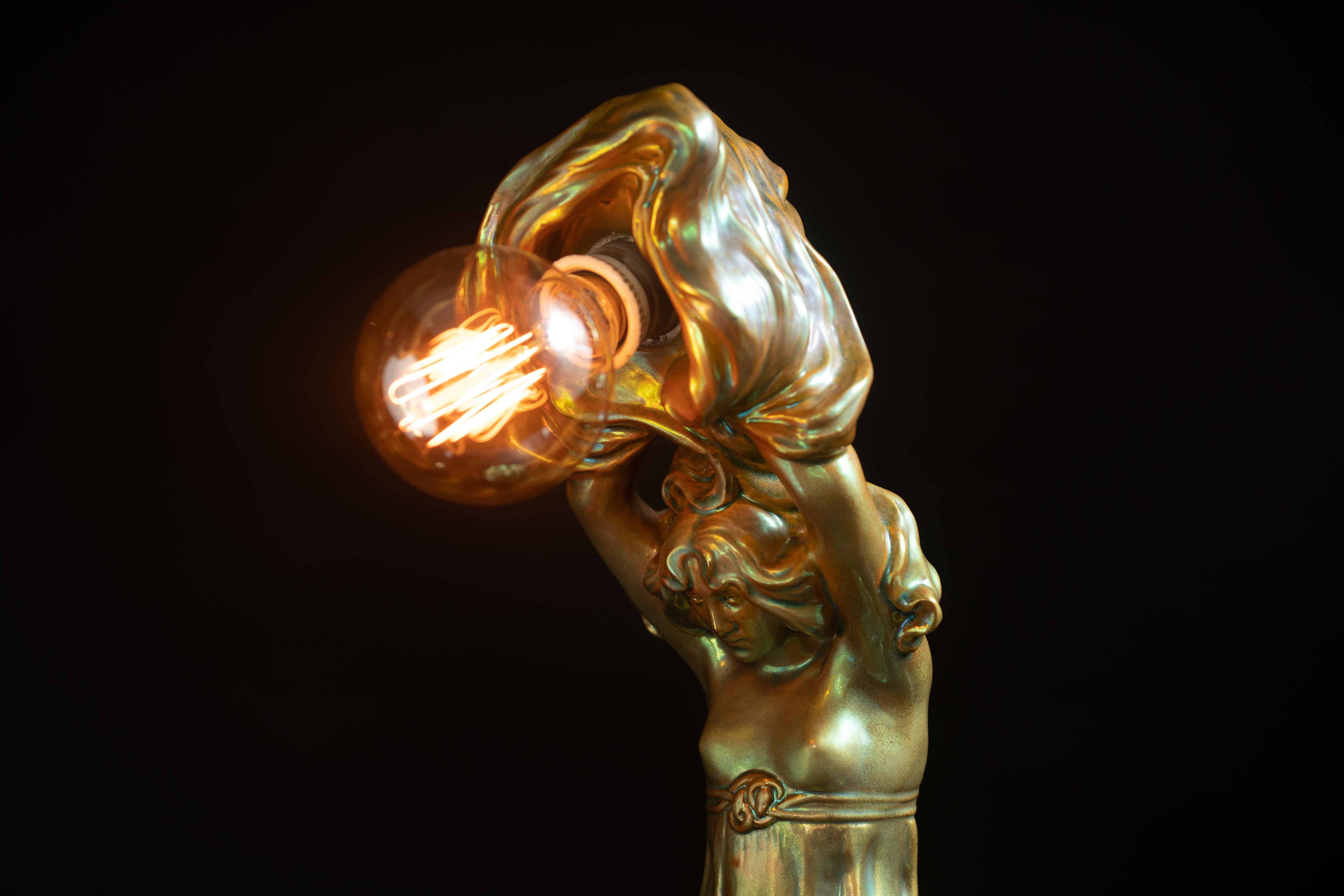 Art Nouveau Maiden Lamp by Lajos Mack for Zsolnay For Sale 1
