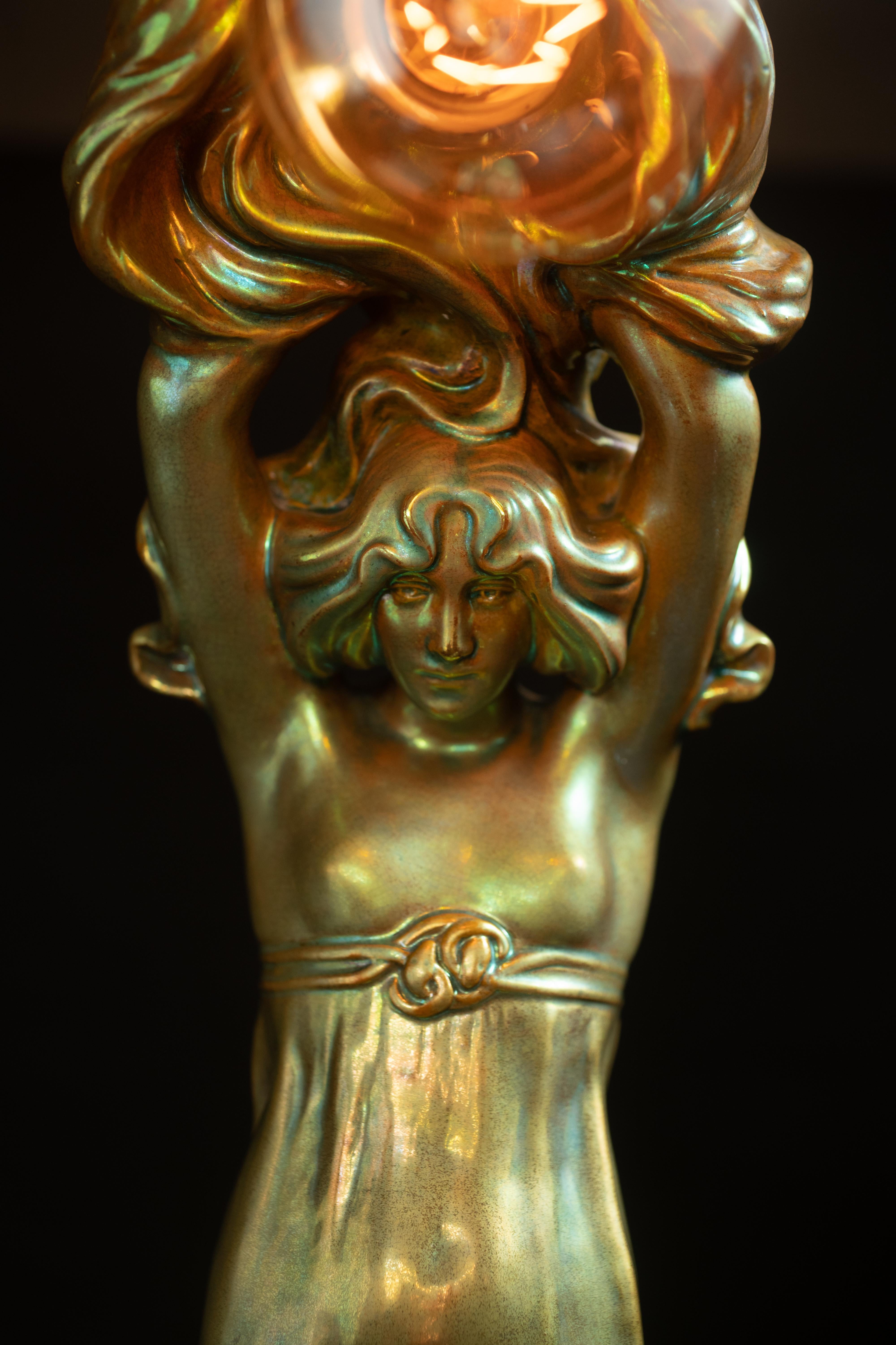 Art Nouveau Maiden Lamp by Lajos Mack for Zsolnay For Sale 2