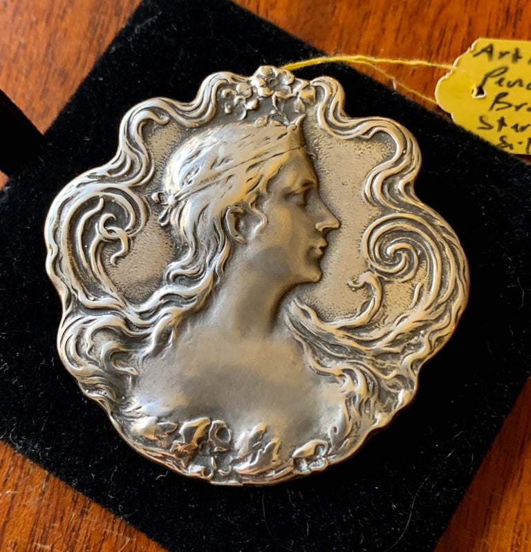 Art Nouveau Maiden Woman Flower Pendant Brooch Sterling Silver