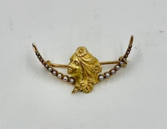 Broche fleur en or 14 carats avec perles Art Nouveau jeune femme