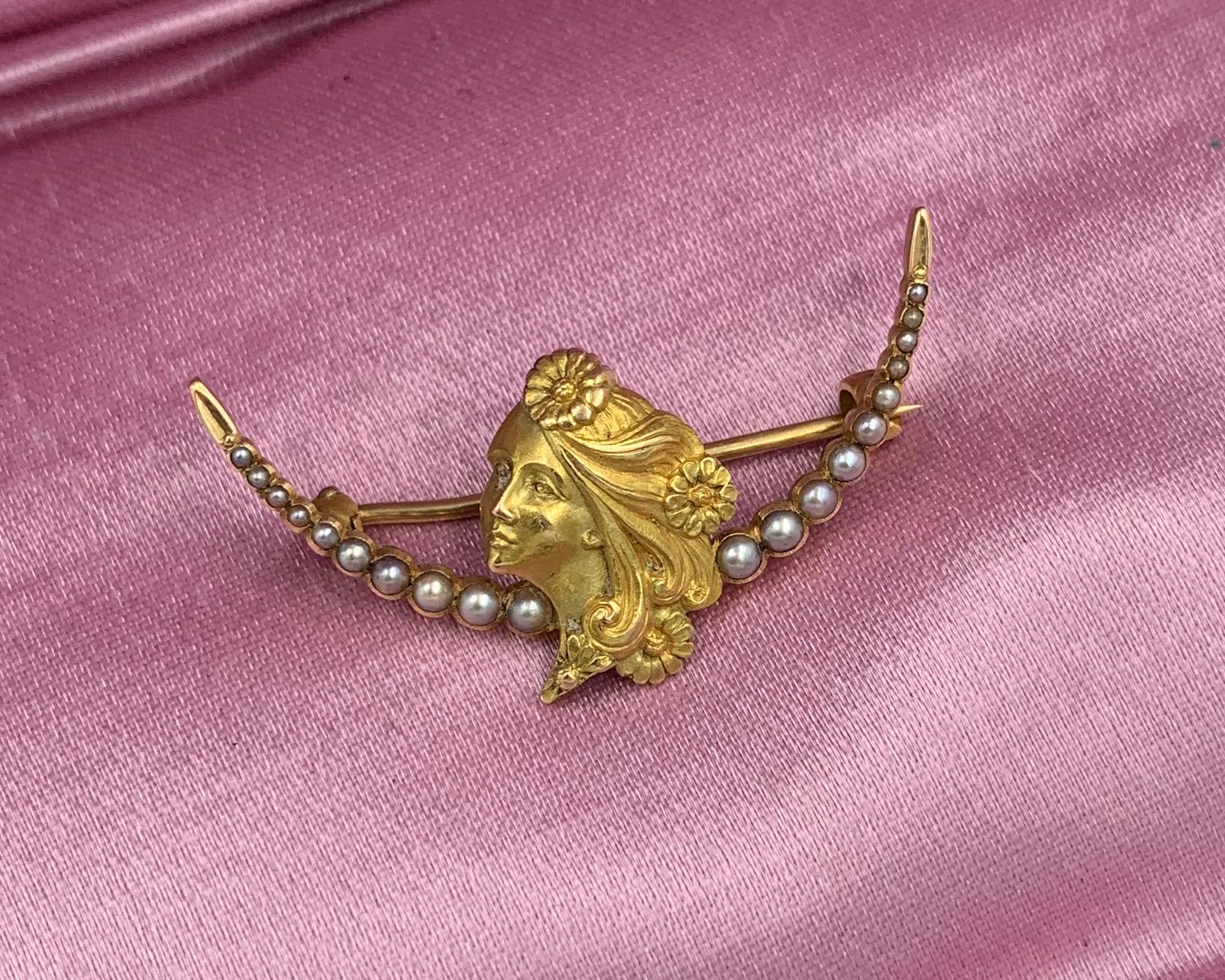 Bead Art Nouveau Maiden Woman Pearl Flower Brooch Pin 14 Karat Gold Pearl Crescent For Sale