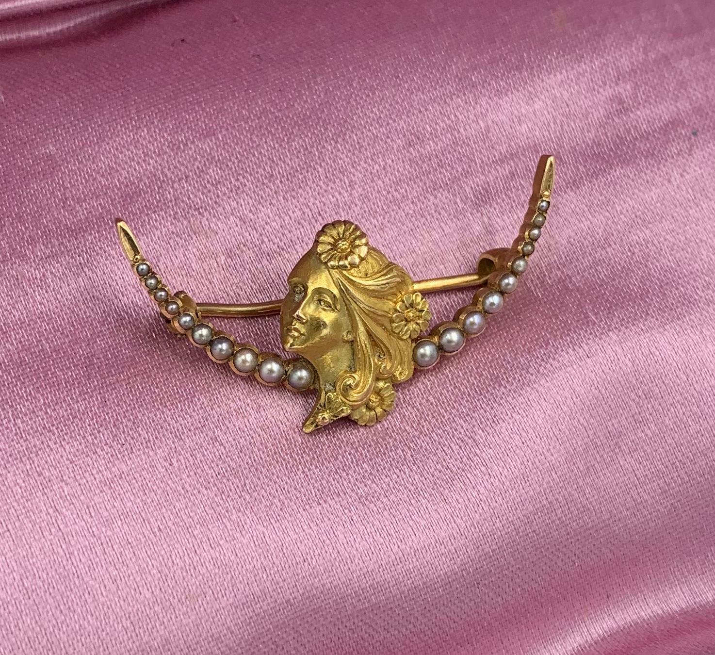 Art Nouveau Maiden Woman Pearl Flower Brooch Pin 14 Karat Gold Pearl Crescent In Good Condition For Sale In New York, NY