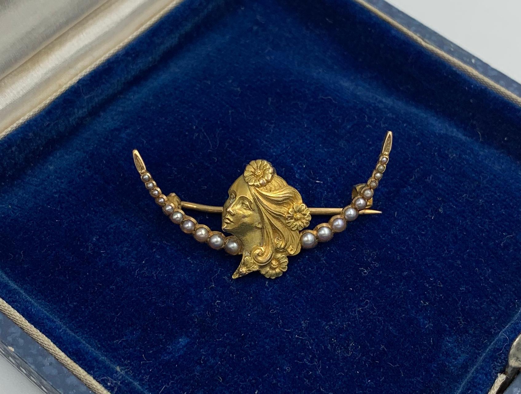 Women's Art Nouveau Maiden Woman Pearl Flower Brooch Pin 14 Karat Gold Pearl Crescent For Sale