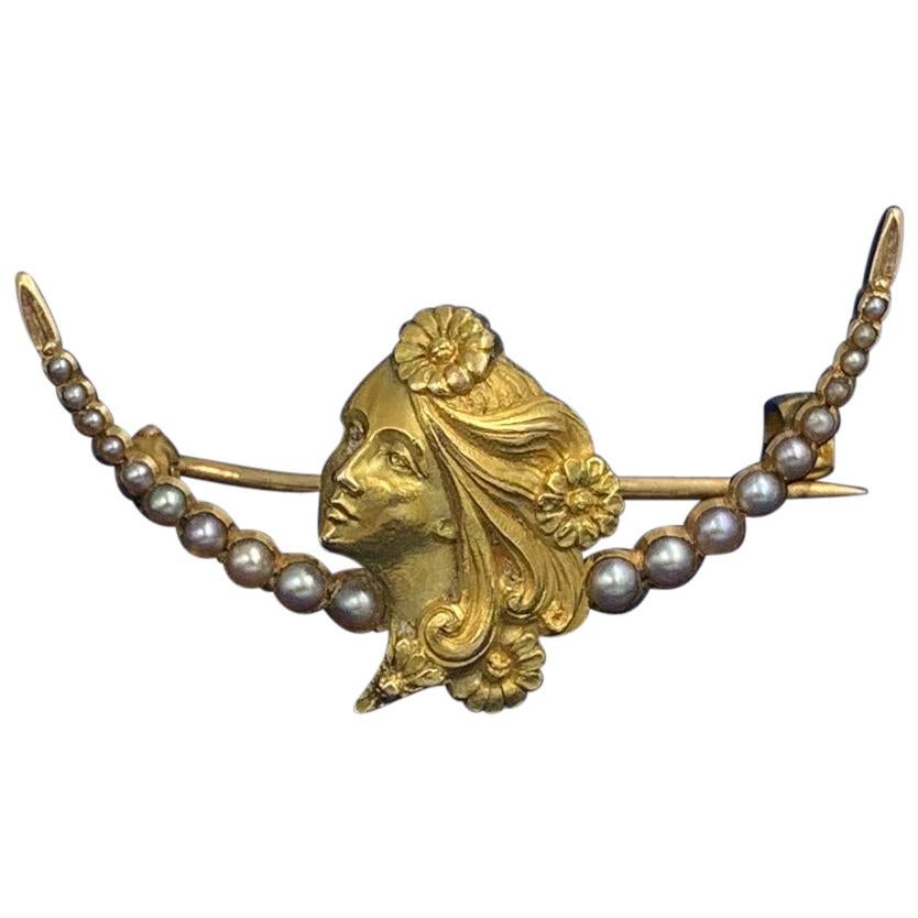 Art Nouveau Maiden Woman Pearl Flower Brooch Pin 14 Karat Gold Pearl Crescent For Sale