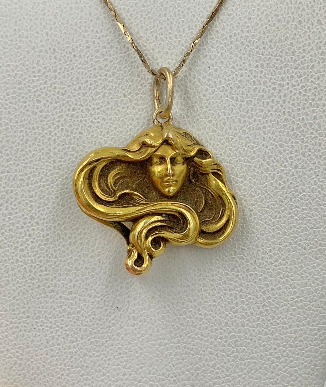 Jugendstil Jungfrau Frau Anhänger Halskette 14 Karat Gold Fließendes Haar Damen