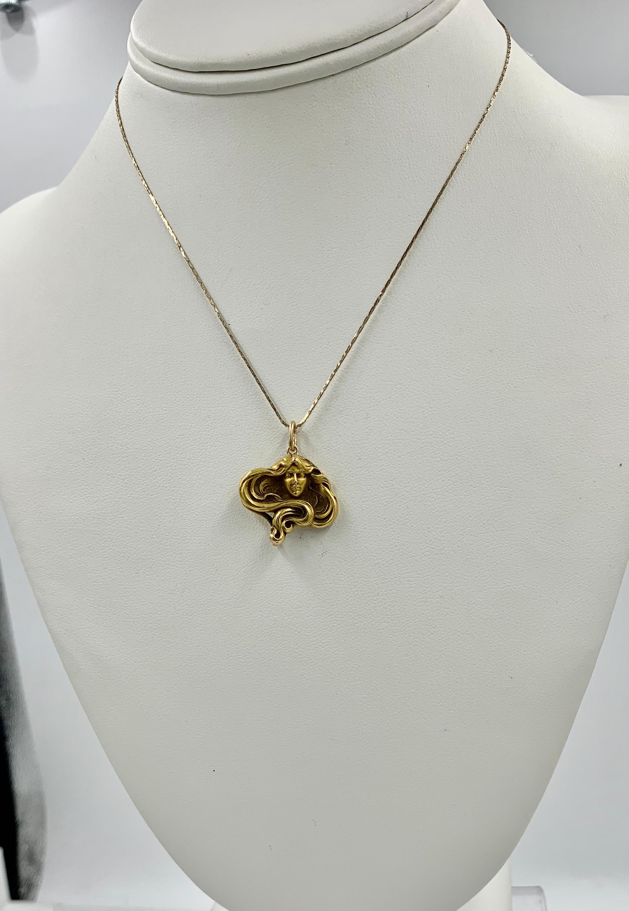 Jugendstil Jungfrau Frau Anhänger Halskette 14 Karat Gold Fließendes Haar 2