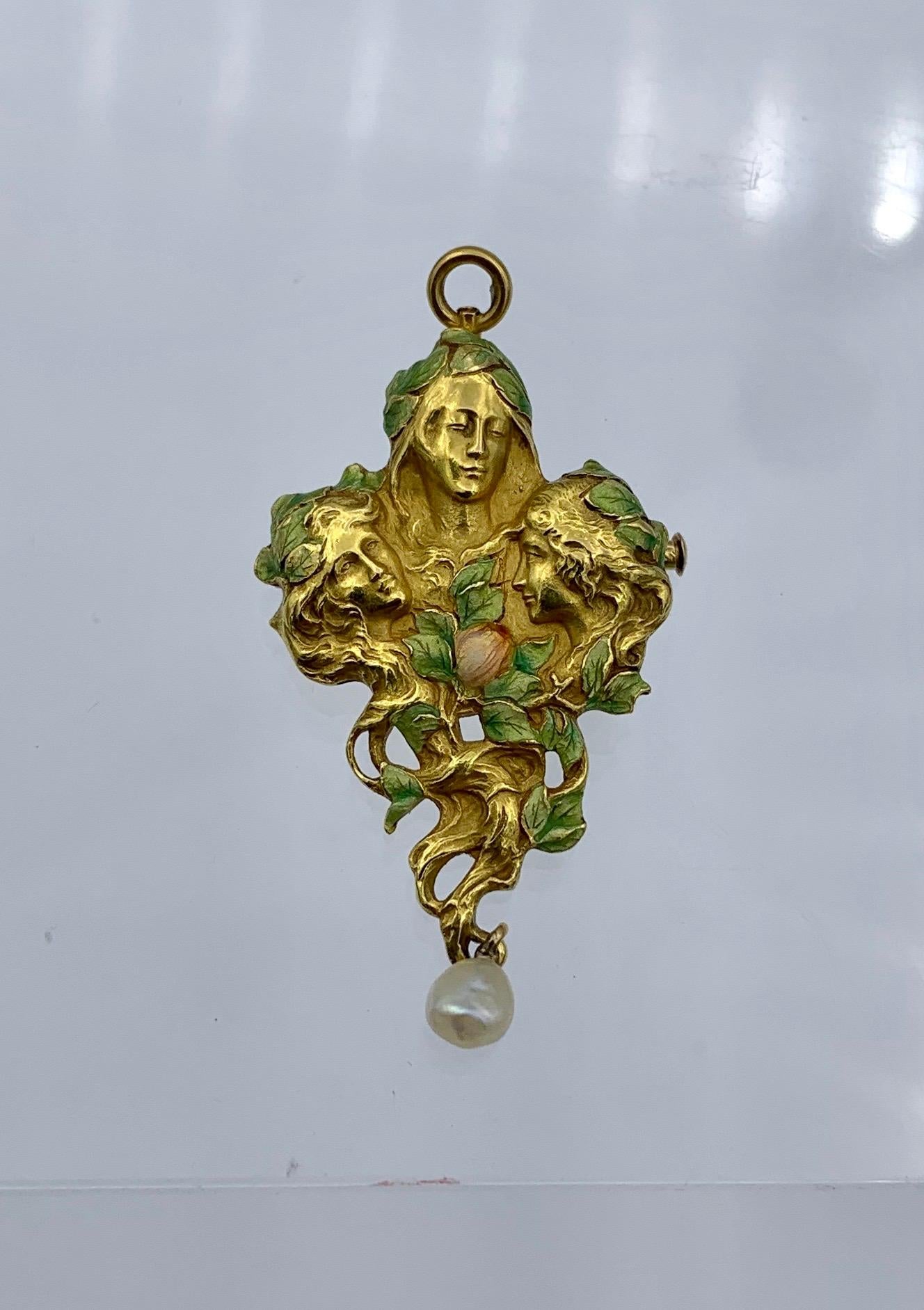 Bead Art Nouveau Goddess Maiden Woman Rose Flower Enamel Pendant Brooch Necklace For Sale