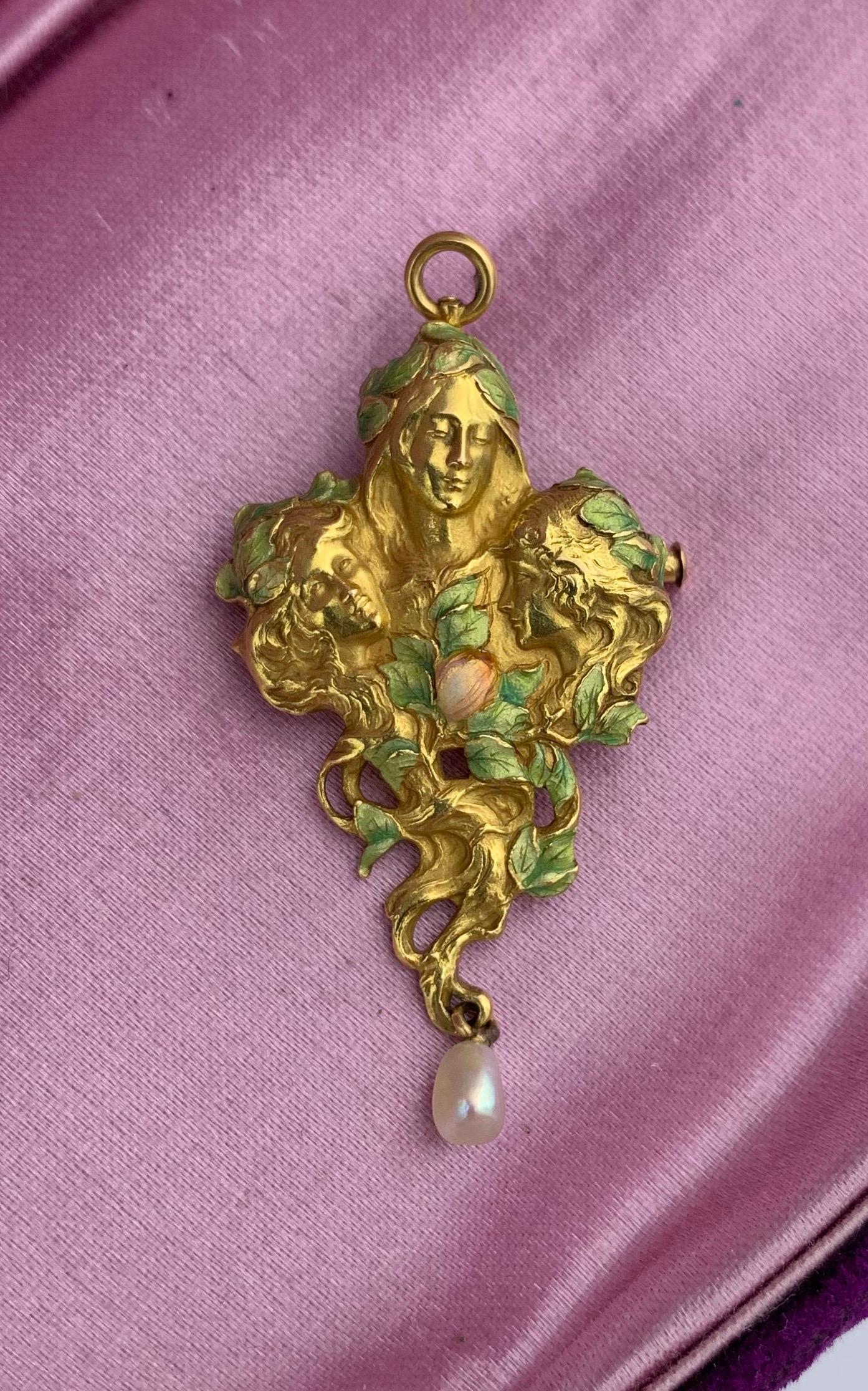 Art Nouveau Goddess Maiden Woman Rose Flower Enamel Pendant Brooch Necklace In Good Condition For Sale In New York, NY
