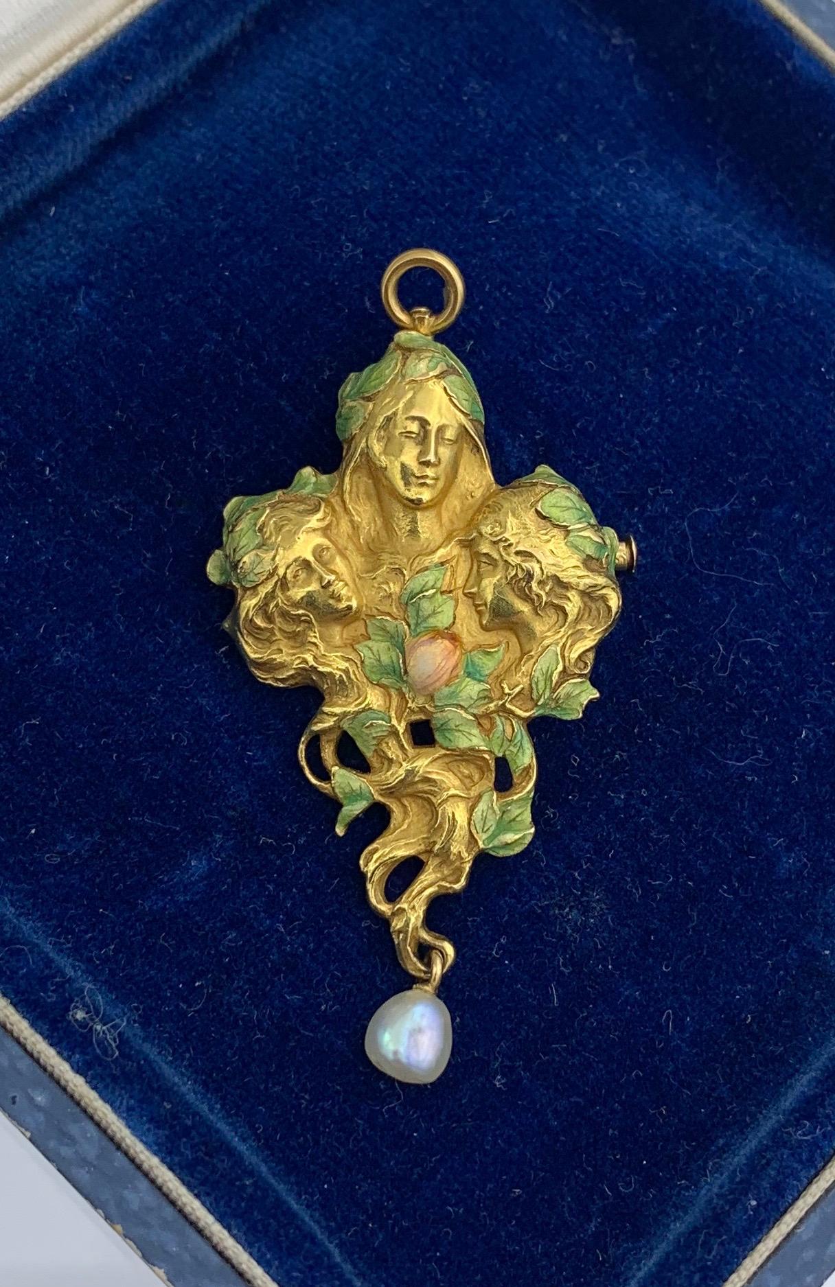 Women's Art Nouveau Goddess Maiden Woman Rose Flower Enamel Pendant Brooch Necklace For Sale
