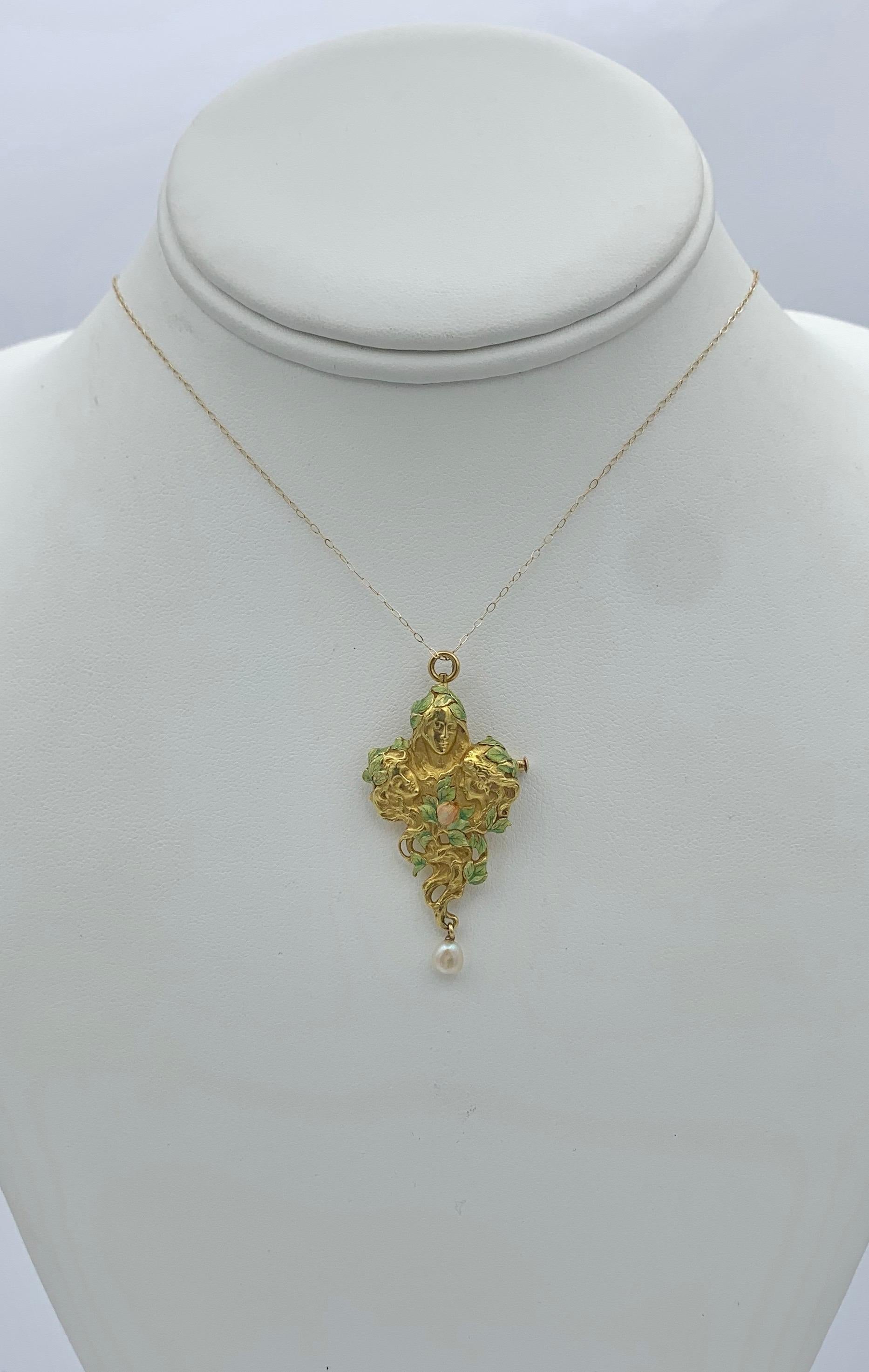 Art Nouveau Goddess Maiden Woman Rose Flower Enamel Pendant Brooch Necklace For Sale 1