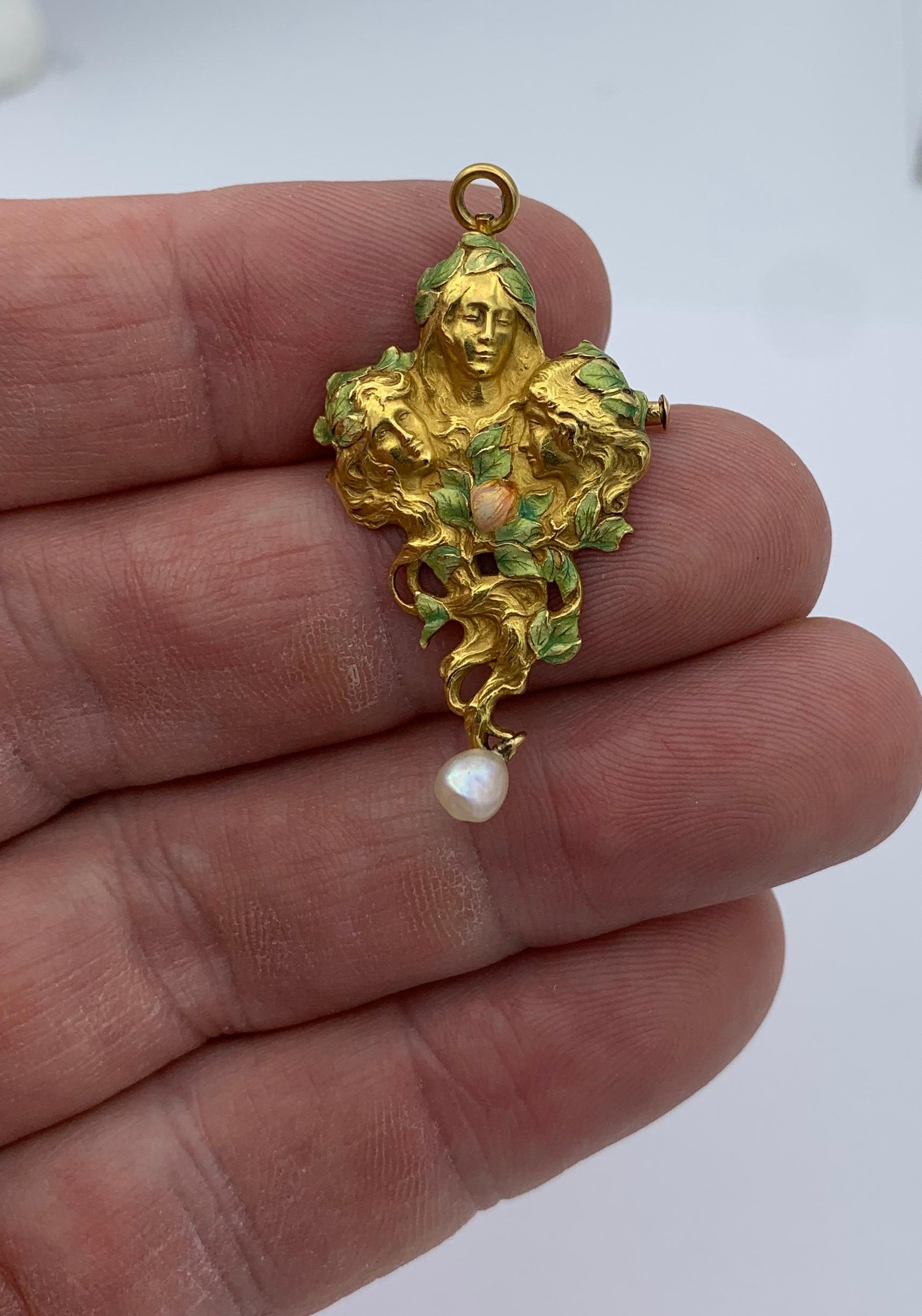 Art Nouveau Goddess Maiden Woman Rose Flower Enamel Pendant Brooch Necklace For Sale 1