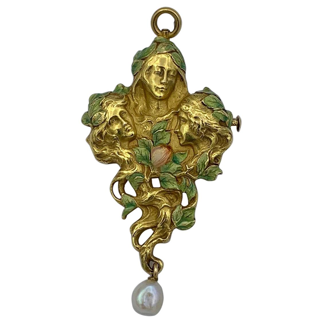 Broche pendentif en forme de déesse Art Nouveau Femme jeune fille en émail à fleurs roses